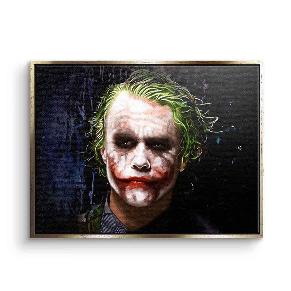 Leinwandbild, Rahmen Batman schwarz Joker Charakter mit Porträt DOTCOMCANVAS® Leinwandbild TV goldener crazy Film