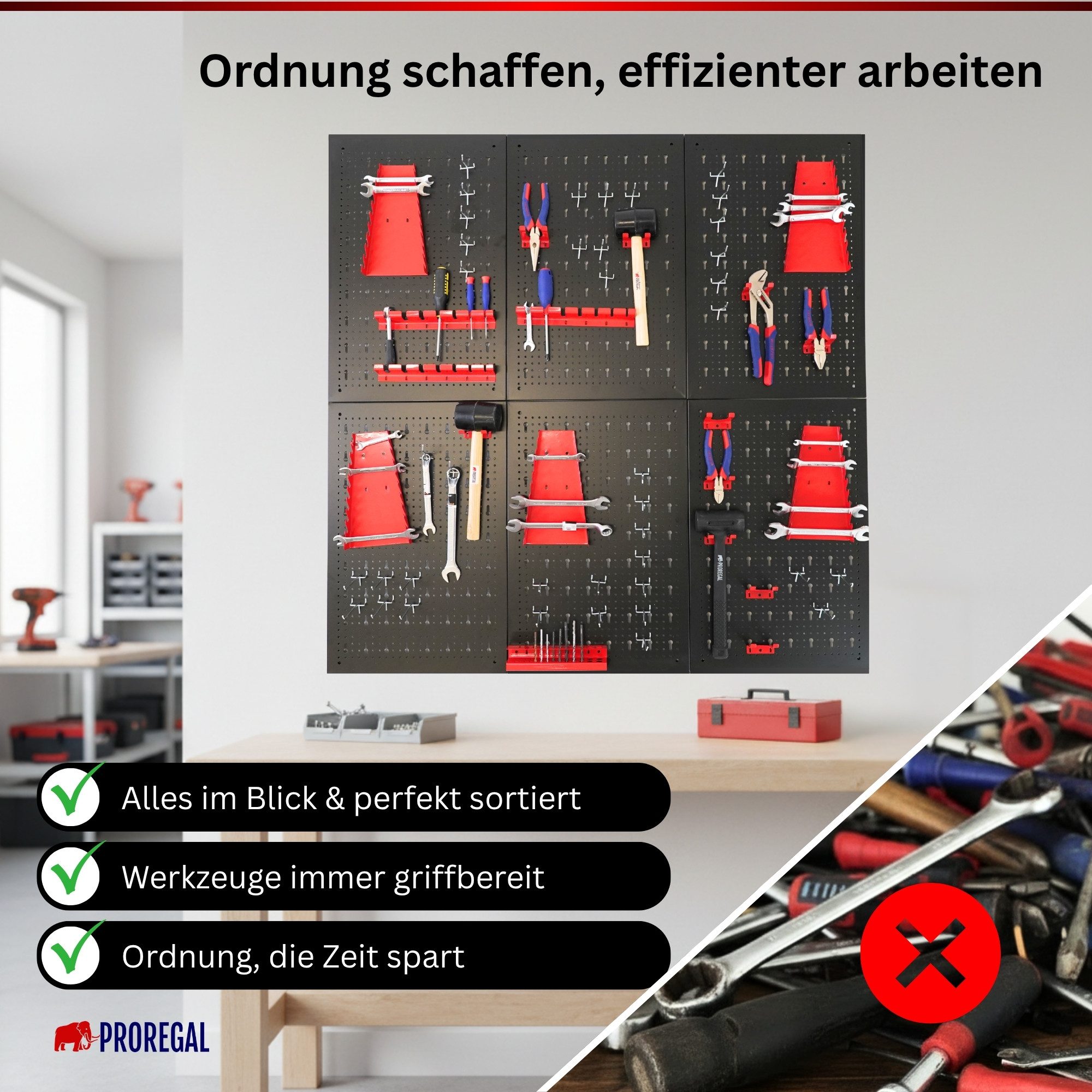 PROREGAL® Lochwand Lochwand Set ARES 40x60cm mit Haken & Halterungen Werkzeugwand