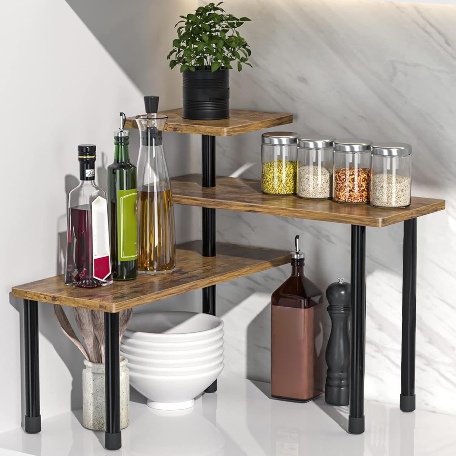 SURFOU Küchenregal Küchen Organizer Küchenregal Eckregal mit 3 Etagen Küchenschrank, Gewürzregal verstellbare Ausrichtung freistehend platzsparend, für Küche Bad Theke Schrank Pflanze
