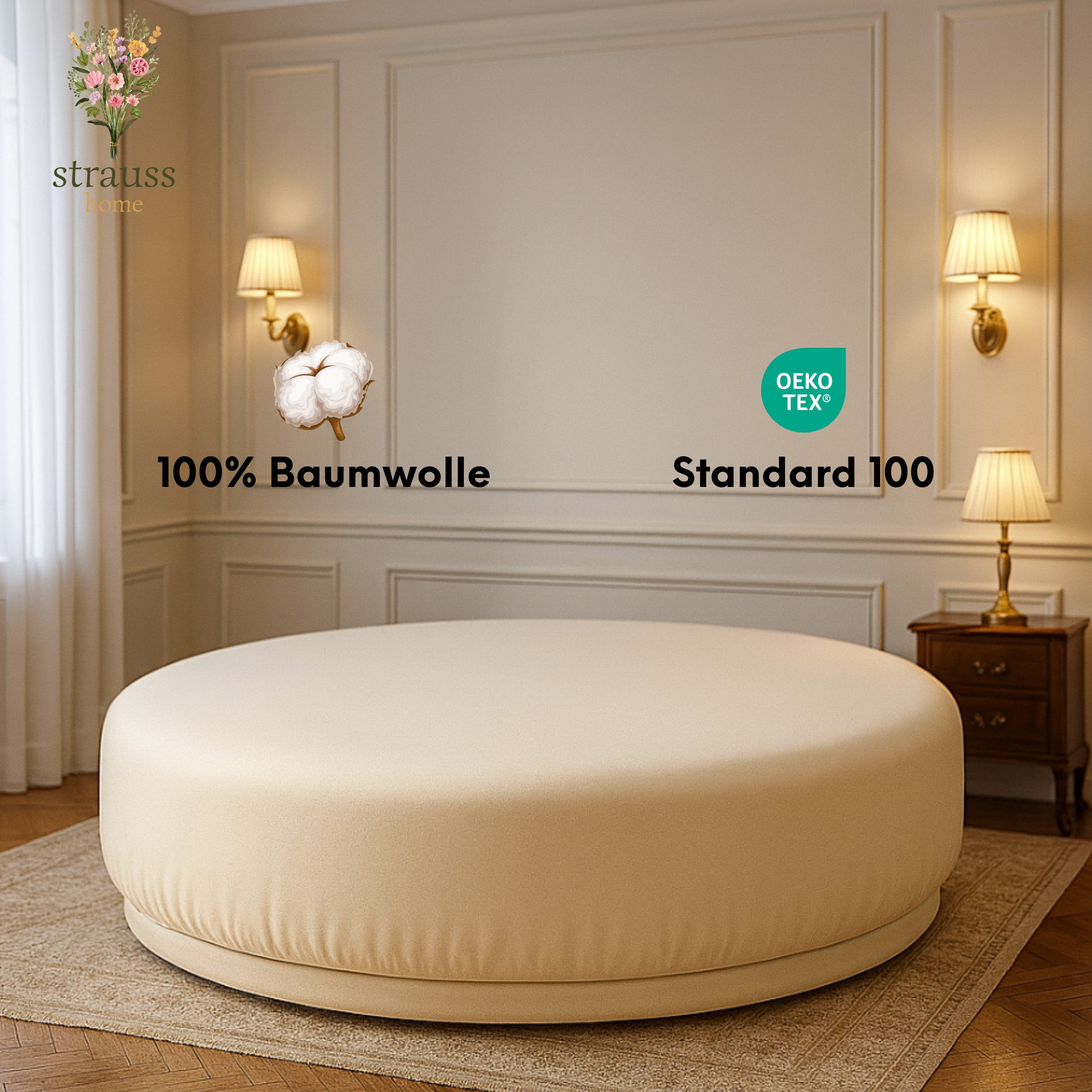 Strauss Home Spannbettlaken Premium RUND 220x220 bis 25cm 100% Baumwolle 15 günstig online kaufen