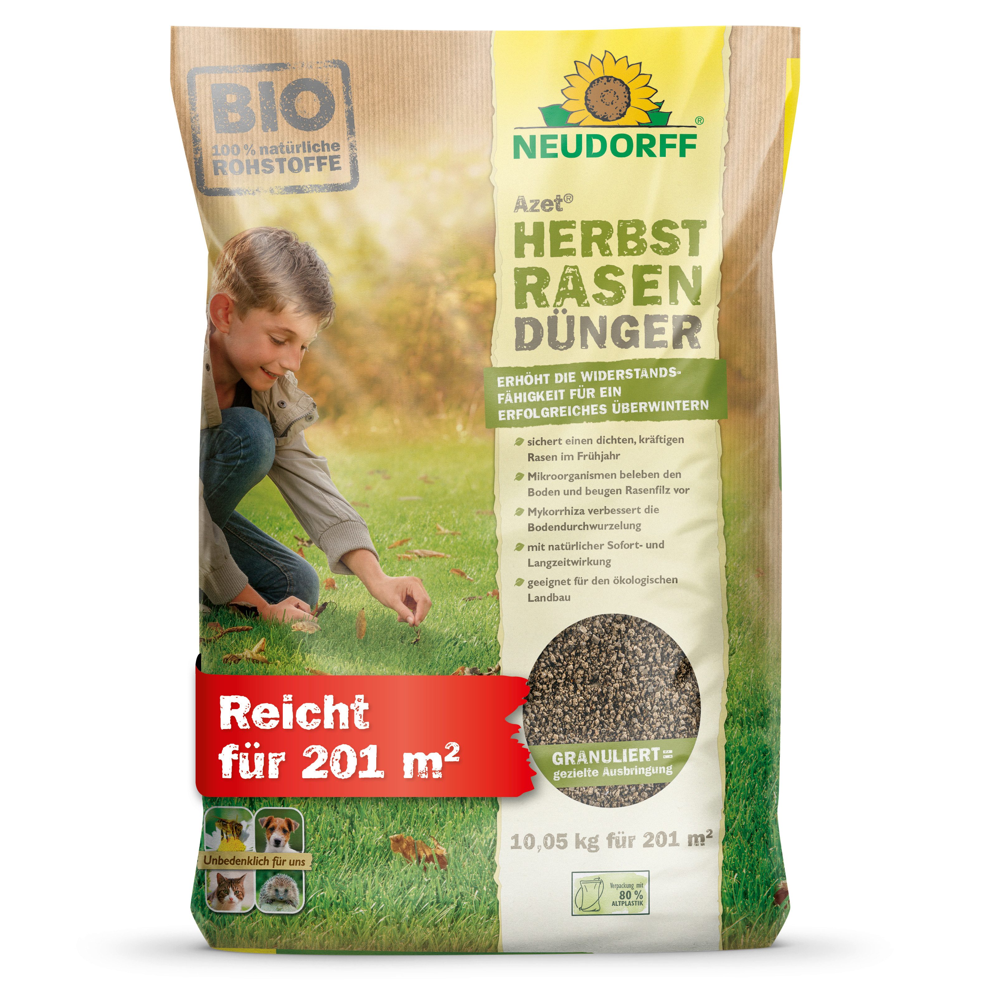 Neudorff Rasendünger Azet HerbstRasenDünger, Mit Eisen zur Herbstpflege und Vorbereitung auf die kalte Jahreszeit, 10,05 kg NPK 7-3-10 für bis zu 200 m², Mit Eisen MyccoVital® und Mikroorganismen für die Herbstpflege