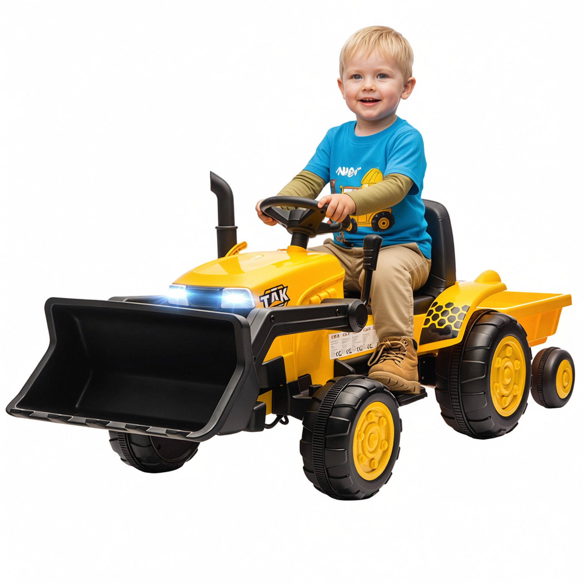 AIYAPLAY Elektro-Kindertraktor Bagger mit Anhänger, Schaufel, 12V, 2 Motor, Musik, LED-Lichter, Belastbarkeit 30 kg, (1-tlg), für Kinder 3-8 Jahre, Gelb