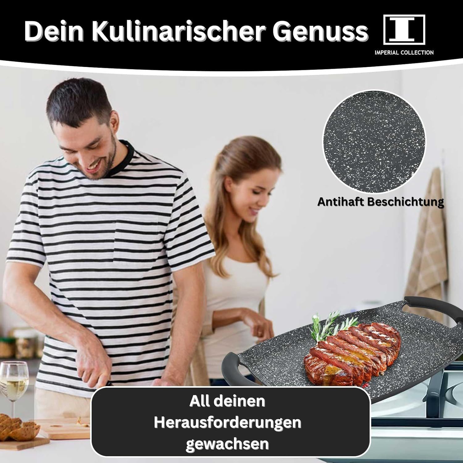 Kitchen Pro + Grillpfanne Deluxe Grillplatte, Aluminium, Antihaftbeschichtung, Abnehmbarer Griff, Edelstahl Rostfrei