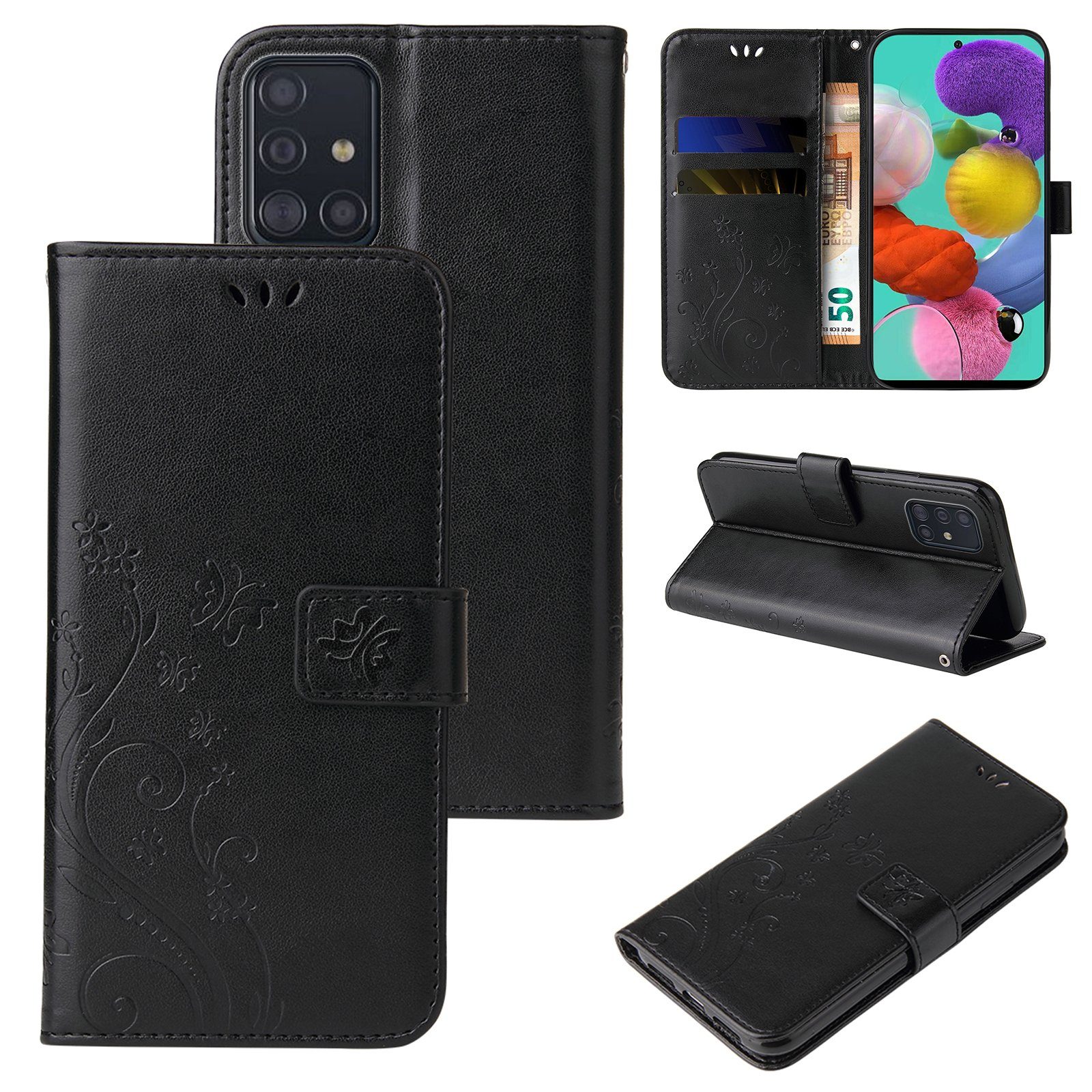Tec-Expert Handyhülle Cover Tasche Hülle für Samsung Galaxy A51 6,5 Zoll, Klapphülle Case mit Kartenfach Fliphülle aufstellbar, Motiv Blumen