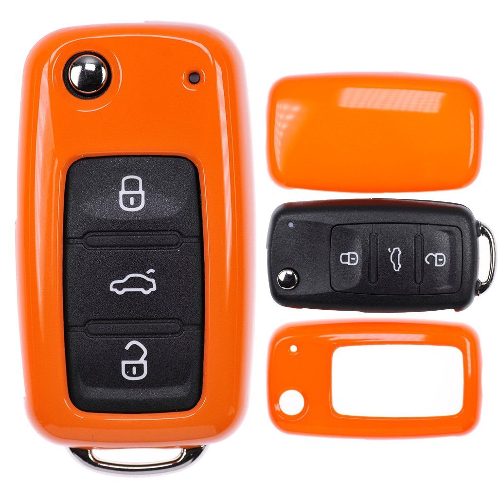 mt-key Schlüsseltasche Autoschlüssel Hardcover Schutzhülle Orange, für VW UP Golf Polo Seat Ibiza Skoda Octavia Yeti ab 2009 Schlüssel