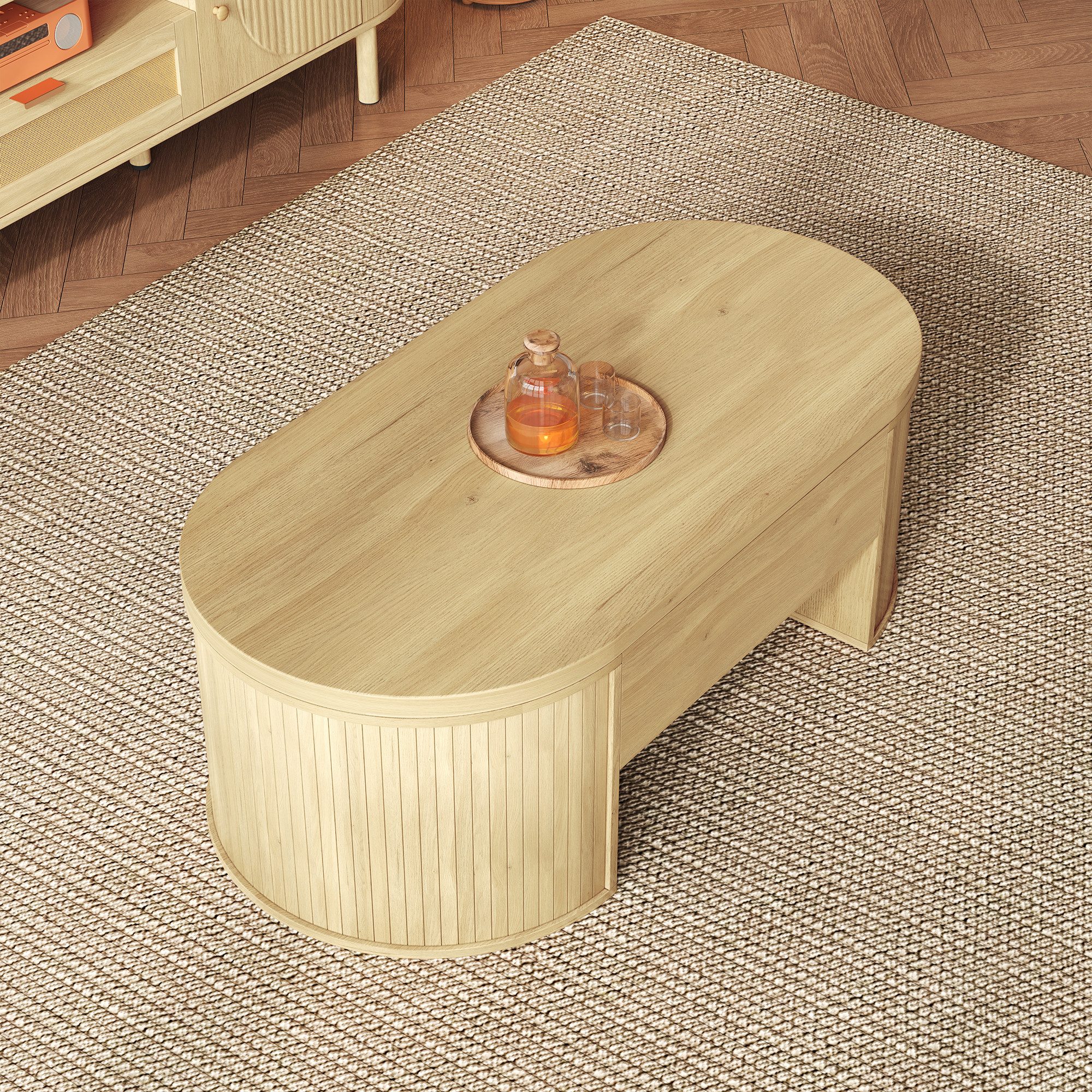 MODFU Couchtisch höhenverstellbarer Couchtisch mit Holzoptik (Beistelltisch, Sofatisch, 1-St., ausziehbarem Regal), mit gebogenen Holzseiten