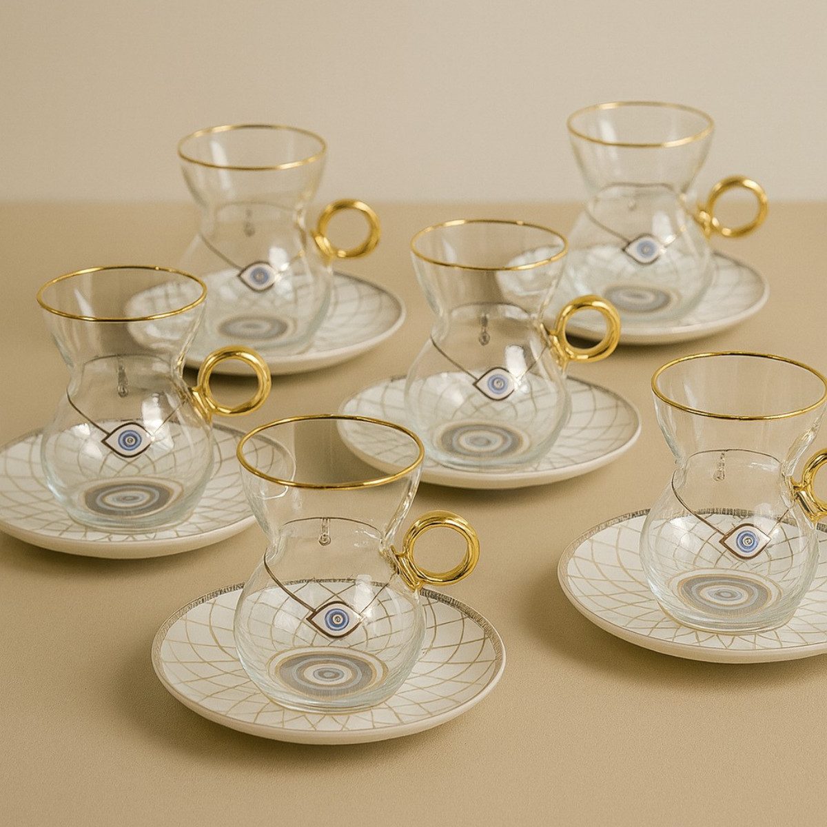 Bricard Teeglas Nazar Boncuk Set mit Keramik-Untersetzern 18-teilig Weiß, 6 Personen