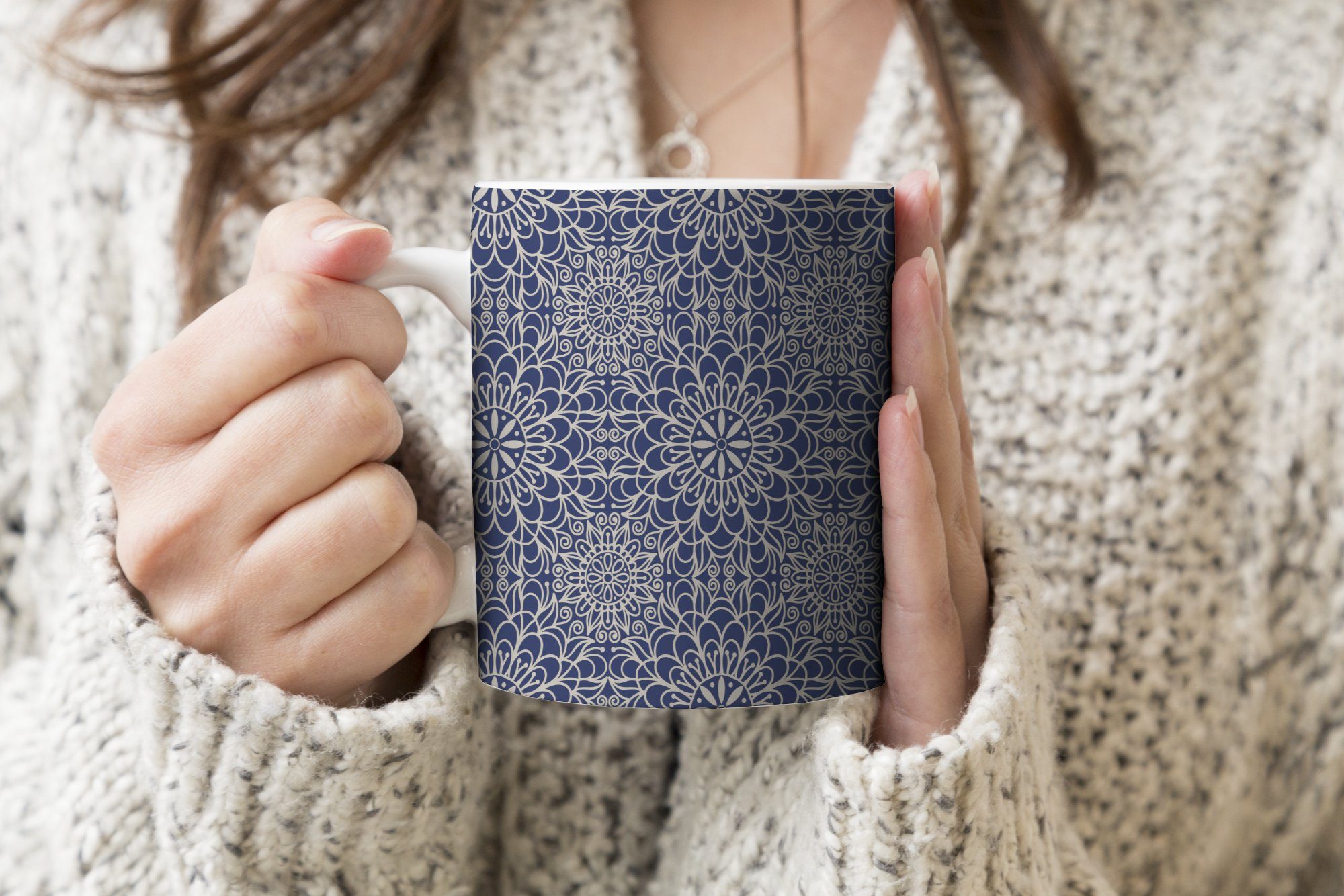MuchoWow Kaffeetassen, Mandala Muster, Geschenk Tasse Blau Keramik, - Becher, Teetasse, - Teetasse,