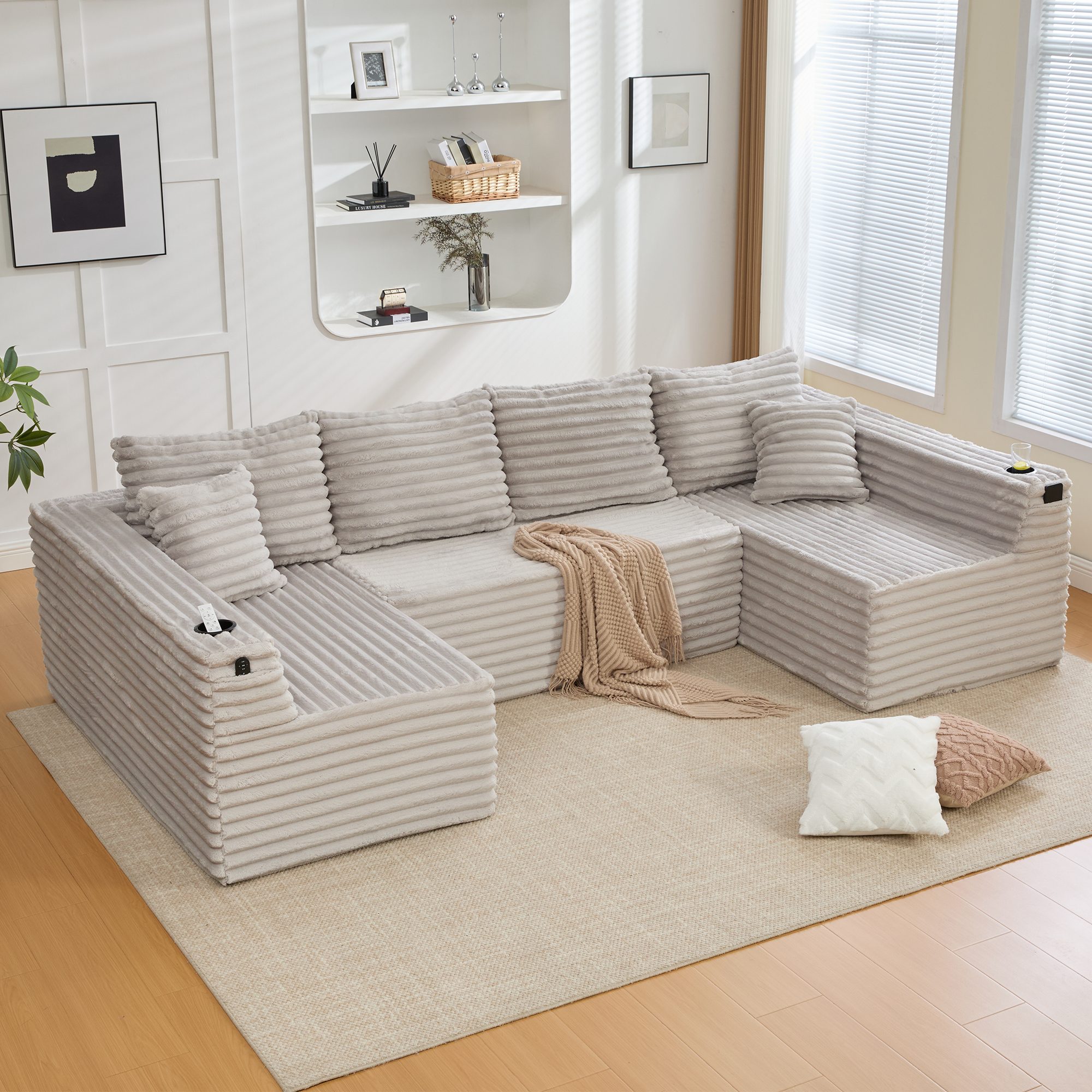 Odikalo Sofa Ecksofa Eckcouch mit Schlaffunktion, U-Form, Cord-Sofa mit Getränkehaltern und Seitentaschen, Federkernpolsterung, 4 Rückenkissen und 2 Zierkissen
