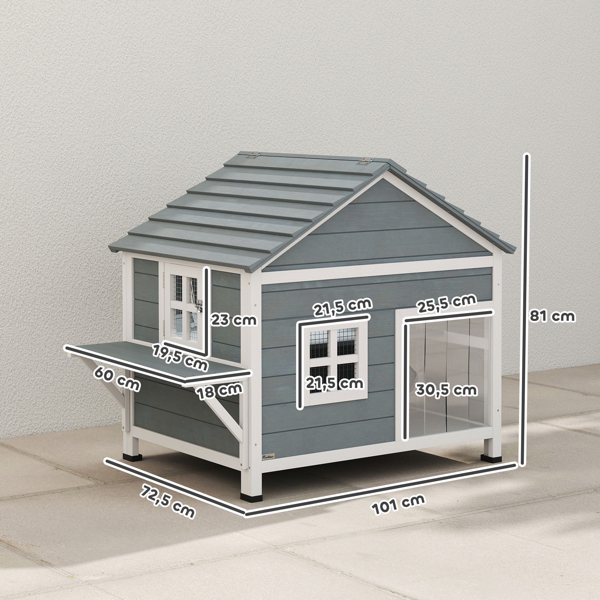 PawHut Tierhöhle Katzenhaus aus Holz mit wasserdicht aufklappbar Dach, Plattform, für 1-2 Katzen bis 5 kg, 101x72,5x81cm, Grau