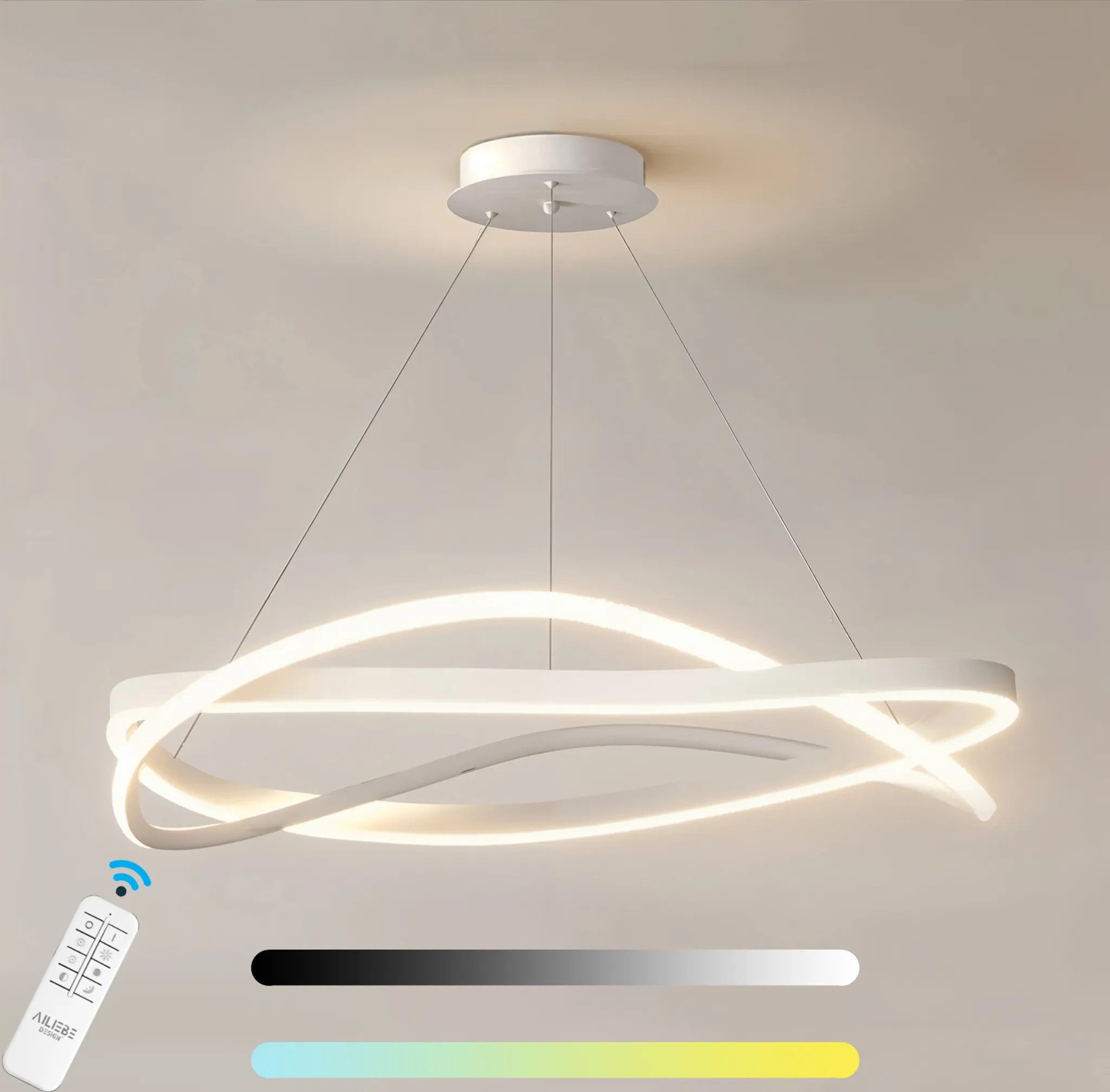 Ailiebe Design LED Pendelleuchte 40cm Dimmbar mit Fernbedienung, Höhenverstellbar 40–120cm, LED fest integriert, Modern Elegante Esstischlampe mit Memory Funktion – Weiß