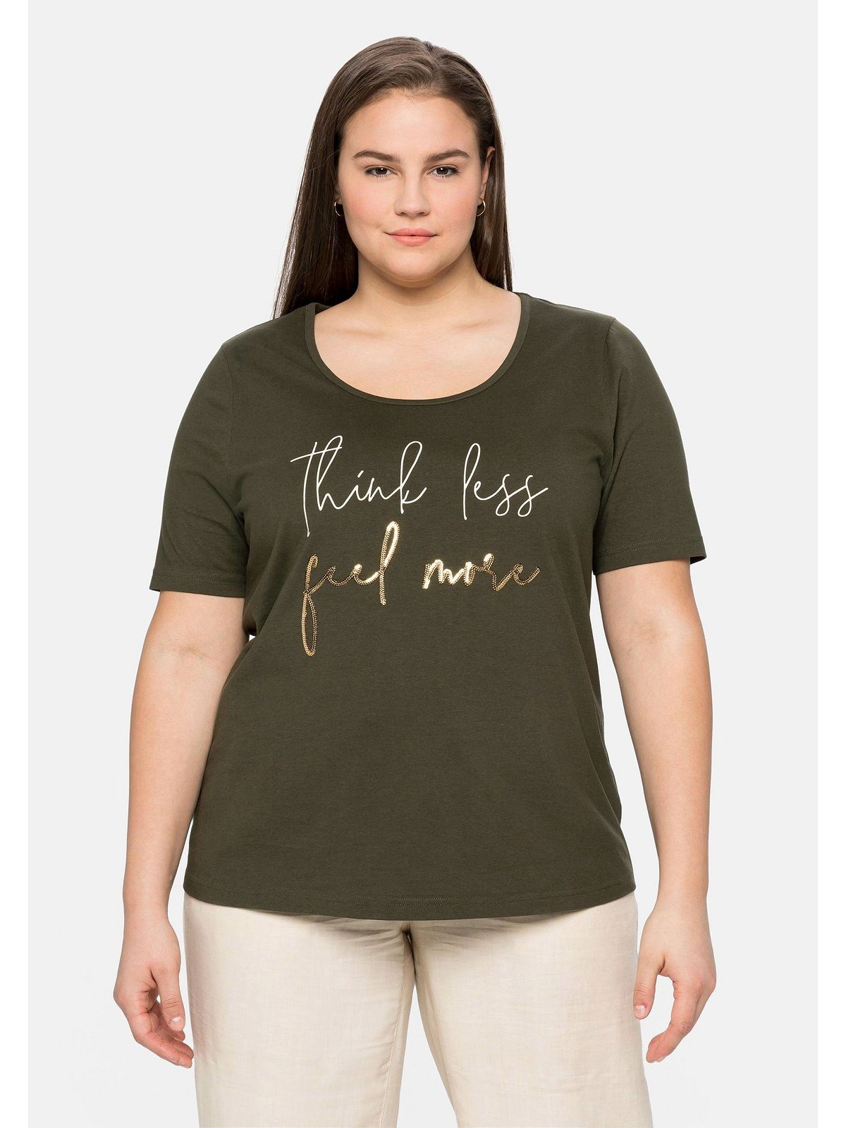 Sheego Größen T-Shirt Pailletten-Schriftzug schimmerndem Große mit