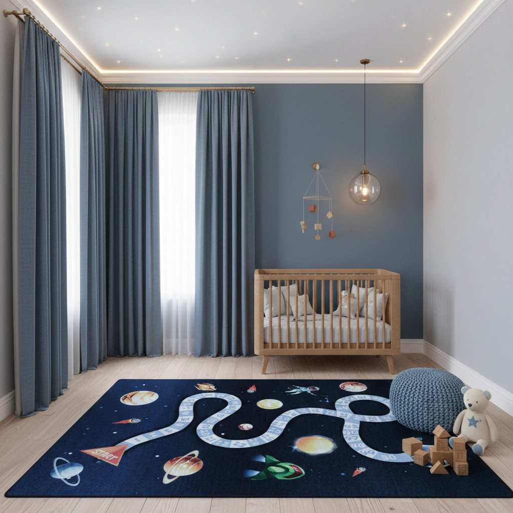 KADIMA DESIGN Kinderteppich TRAUN Spielteppich Kinderzimmer Waschbar Webteppich Rutschfest, Läufer, Höhe: 8 mm, 80x120 cm, Strapazierfähig Fußbodenheizung Weltraum Polyamid Waschbar