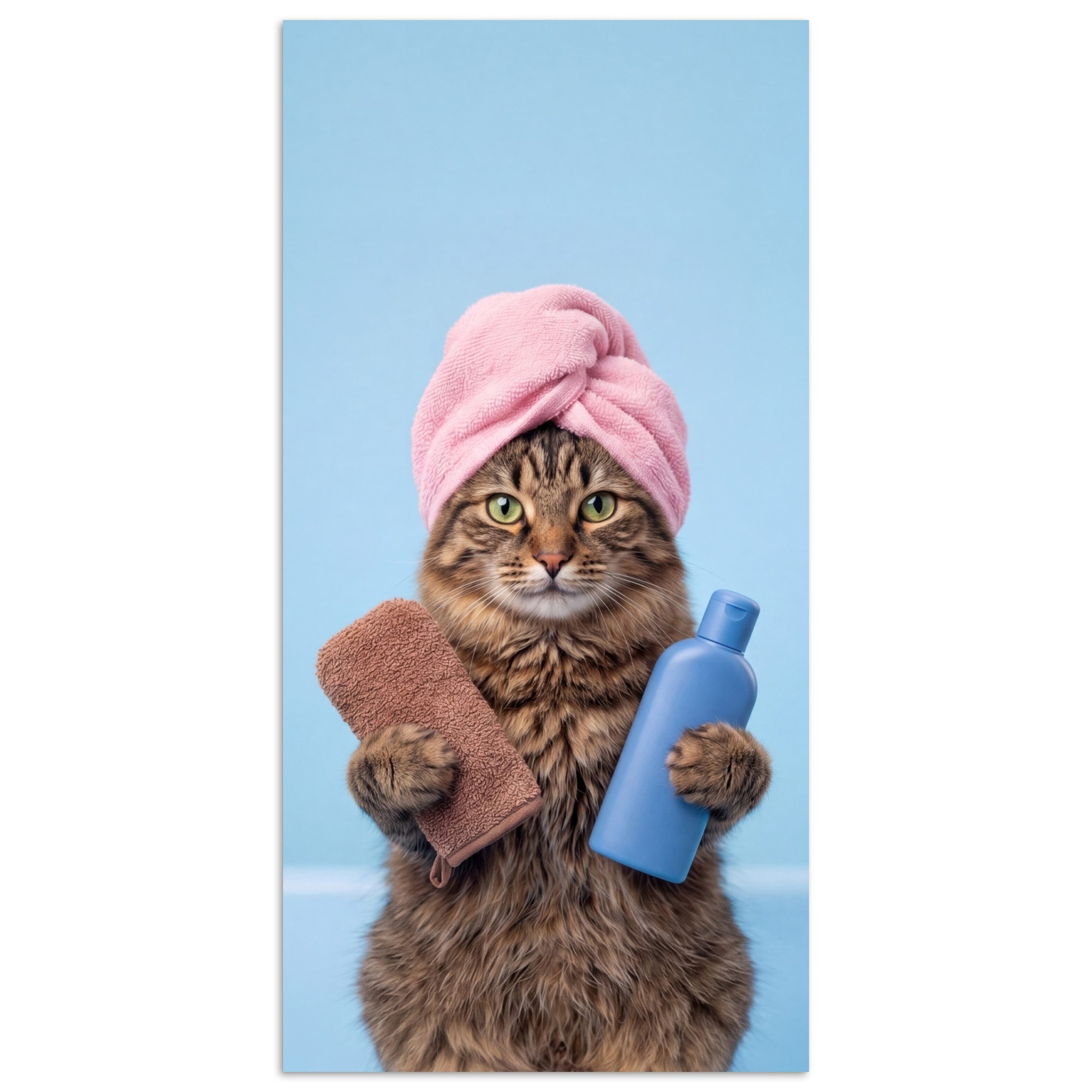MuchoWow Poster Katze - Handtuch - Waschlappen - Seife, (1 St), Wandbild, Wohnzimmer Deko, Qualitätsdruck Dickes Papier, 80x160 cm