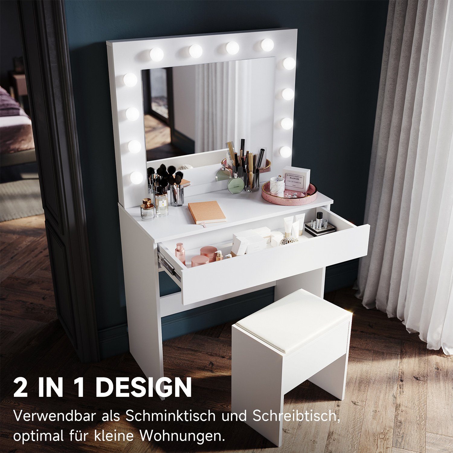 SONNI Schminktisch Schwarz/Weiß, mit LED-Beleuchtung, 80x40x140cm,3 günstig online kaufen