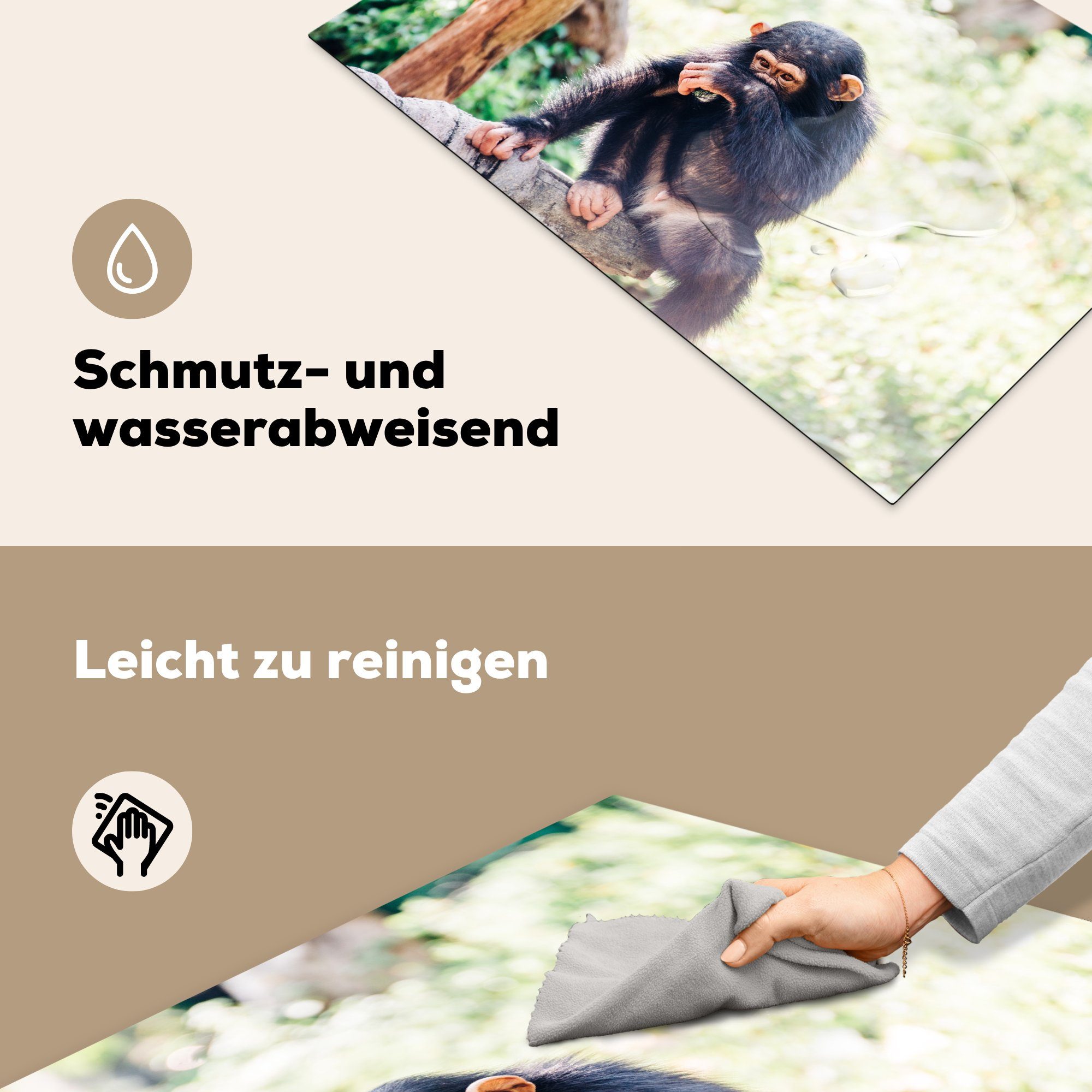 für Vinyl, Nahaufnahme 81x52 Schutz im MuchoWow Ceranfeldabdeckung Induktionskochfeld küche, (1 cm, tlg), sitzend Herdblende-/Abdeckplatte die Wald, Schimpansenaffe