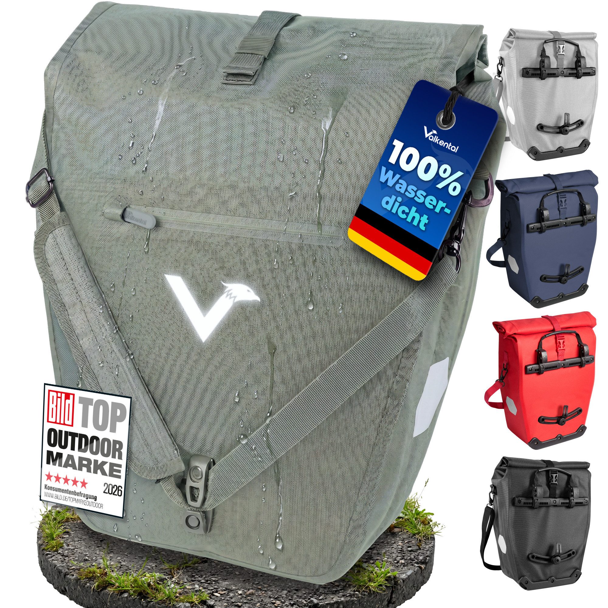 Valkental Fahrradtasche Gepäckträgertasche mit Umhängeschlauf, 2in1 wasserdicht, mit Rolltop Verschluss & Laptopfach 28L