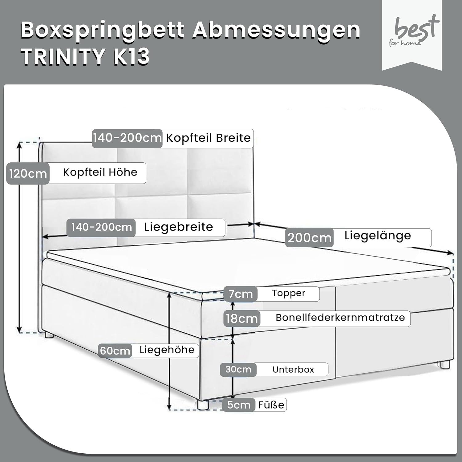 Best for Home Boxspringbett mit Bettkasten Trinity K-13 Bonellfederkern inkl. Komfort Topper (Bonell-Matratze, gepolstertes Kopfteil, Doppelbett versch. Größen, 140x200 160x200 180x200 200x200 cm), Handwerksqualität, TOP Preis-Leistungs-Verhältnis