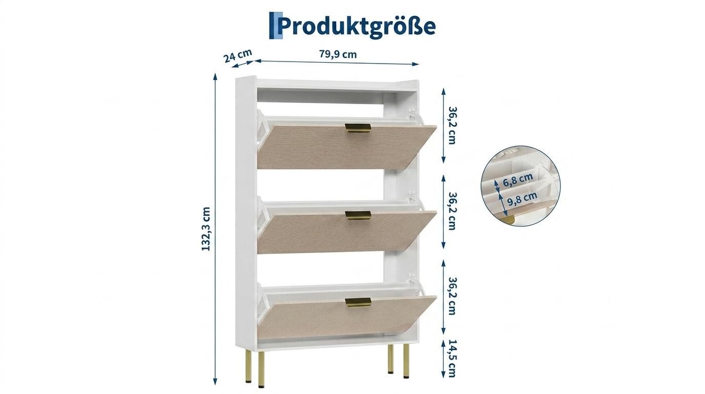 GarveeMore Schuhständer Schmaler Schuhschrank mit 3 Klappfächern, beige Textur, eige Textur & goldenen Metallbeinen, Kleiner Schuhschrank für Wohnung – Bild 2 von 5