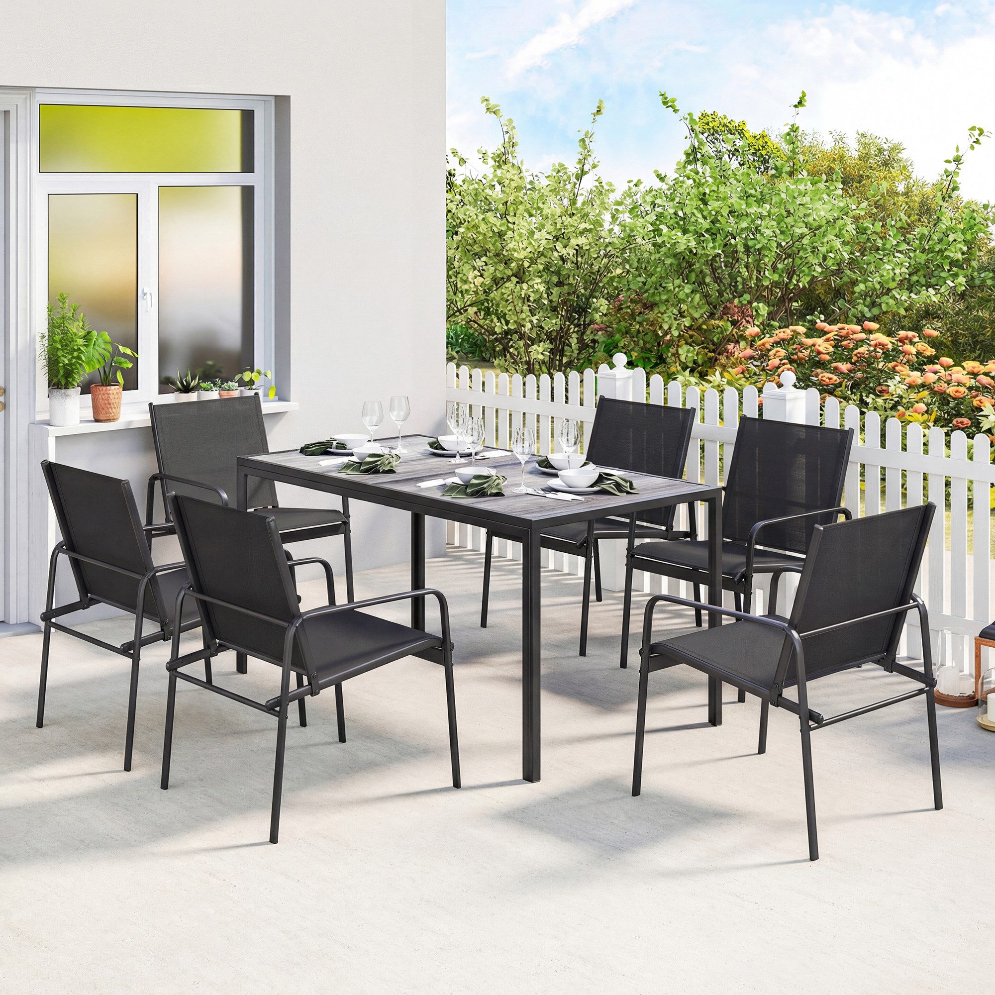 Outsunny Garten-Essgruppe Tisch mit 6 Atmungsaktiven Stühlen, Holzoptik, Stahlrahmen, (Gartenset, 7-tlg., Gartenmöbel Set), für Garten Balkon Terrasse Schwarz