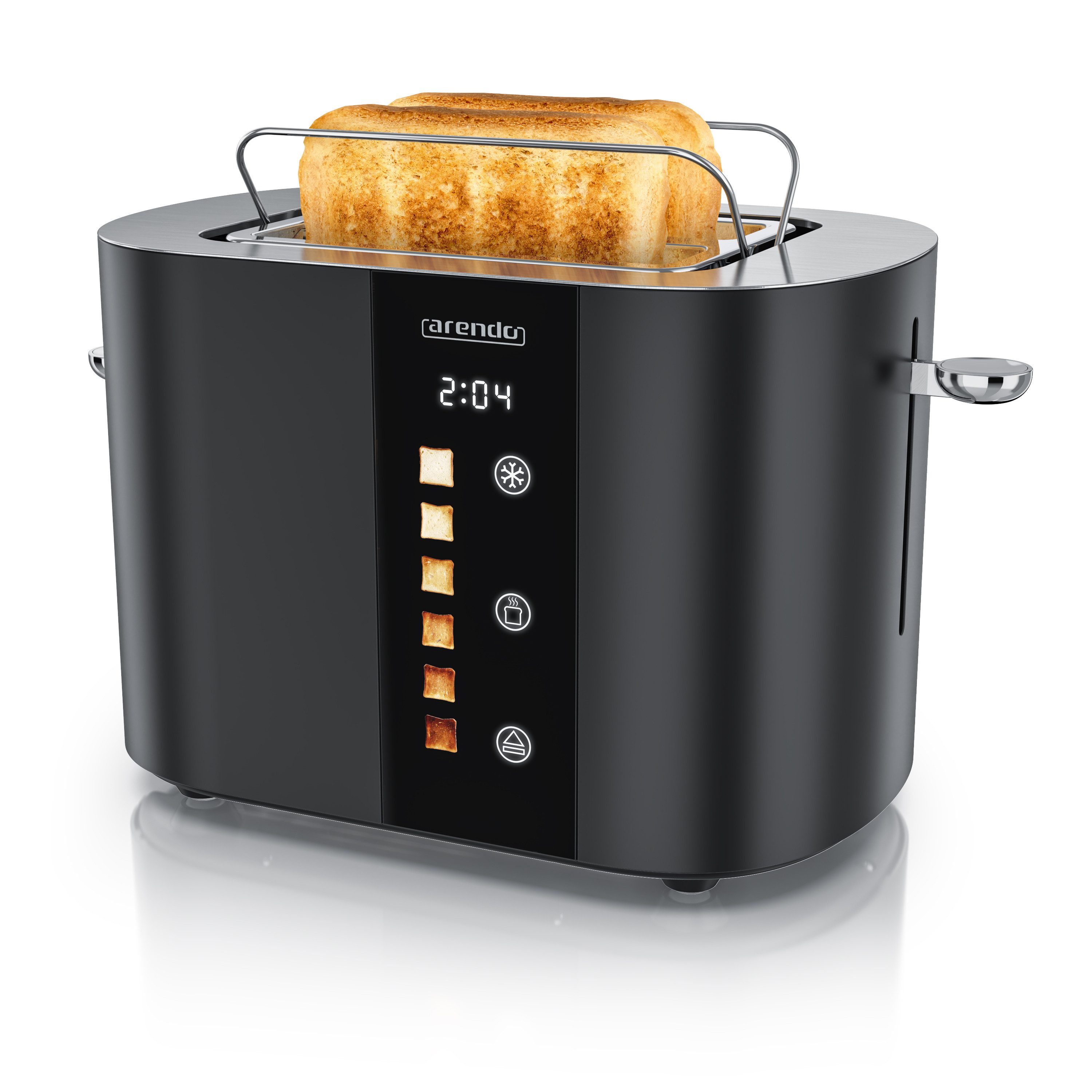 Arendo Toaster 2-Scheiben Kurzschlitz Edelstahl, Touch, Restzeit Bräunungsgradanzeige, 2 Schlitze, für 2 Scheiben, 800 W, Brötchenaufsatz, Wärmeisoliert, Toast-Symbole für Bräunungsgradauswahl
