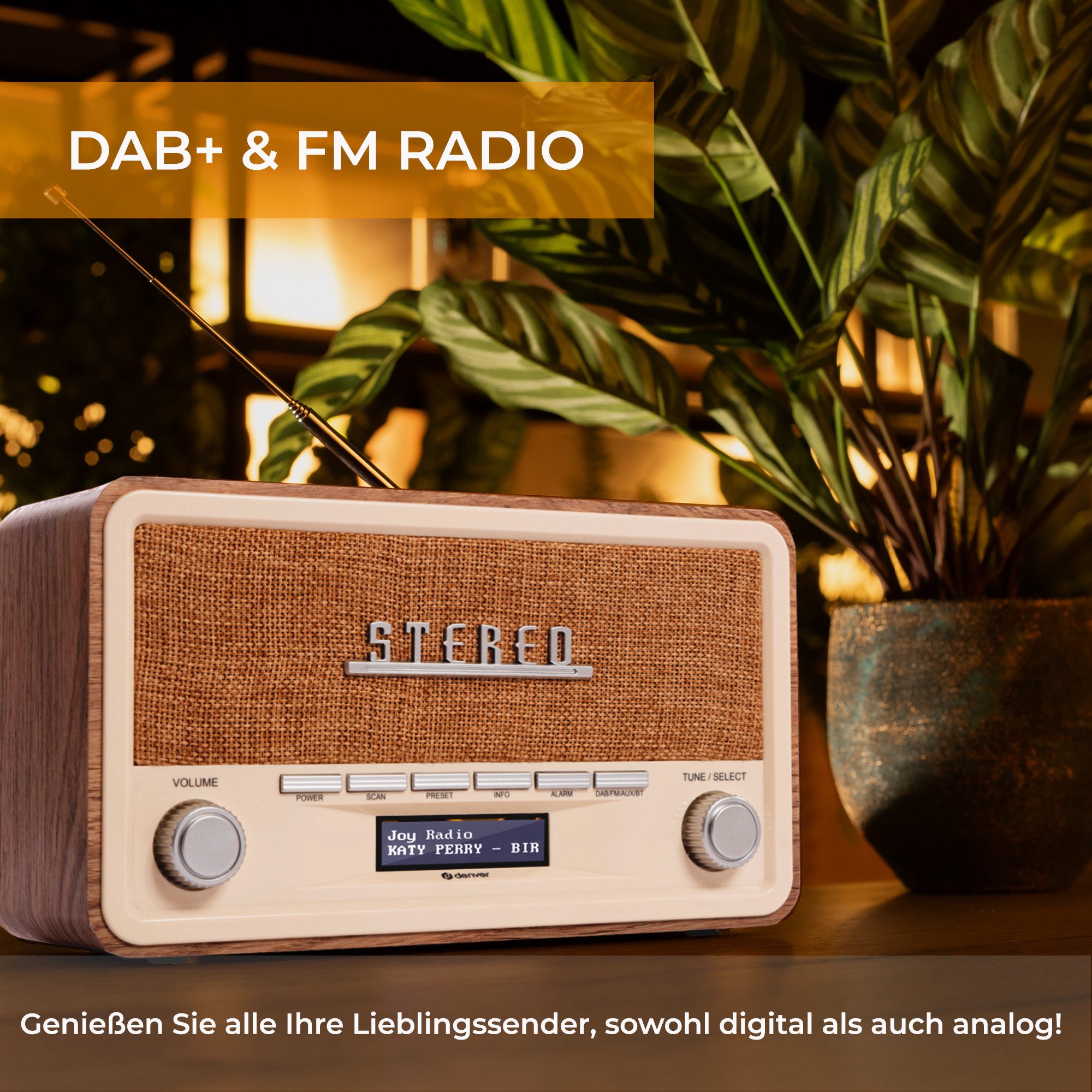 Denver DAB-18LW Digitalradio (DAB) (DAB+, FM (RDS), 4 W, Retro-Design, Bluetooth, DAB+/FM, LCD-Display, AUX-In, Teleskopantenne)