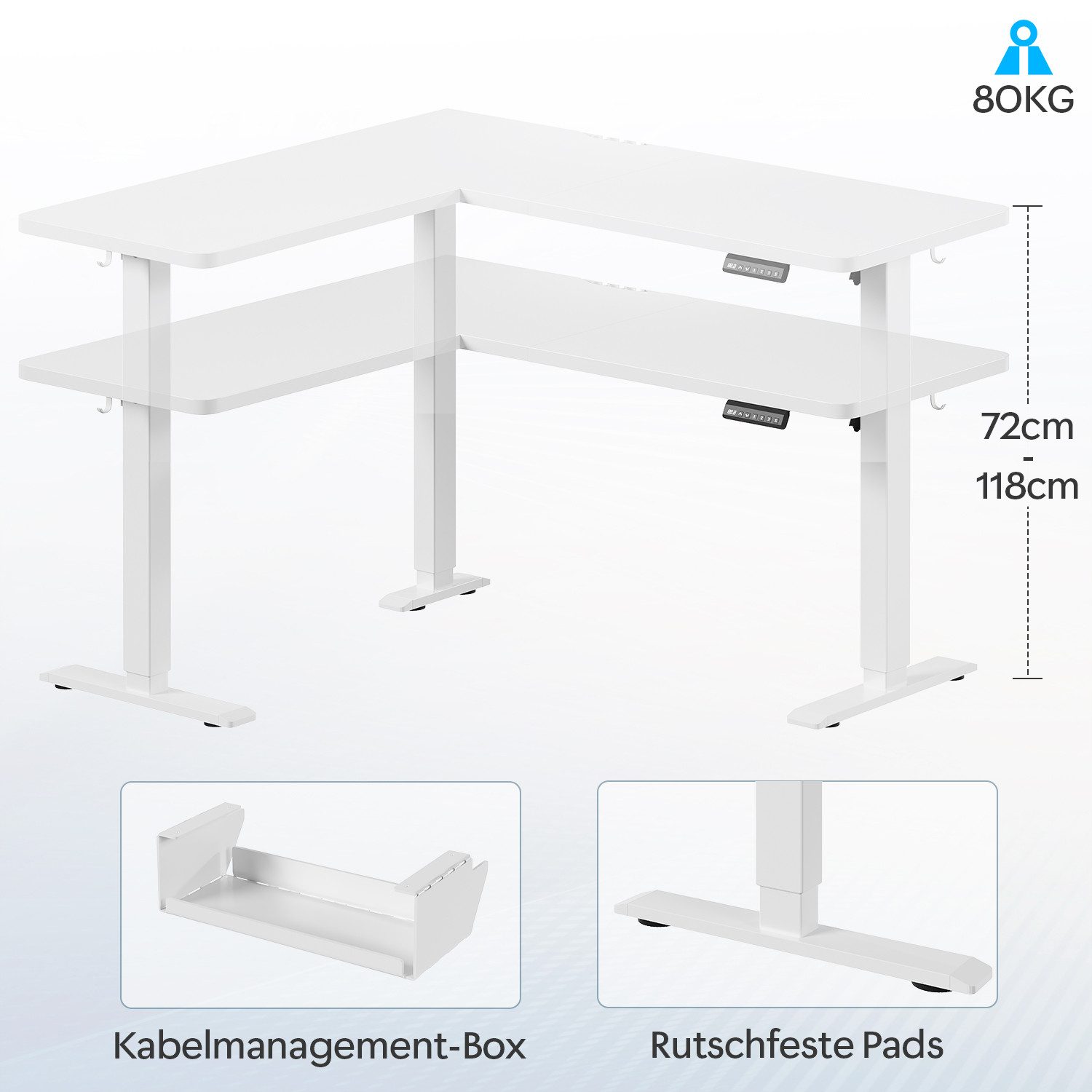 HOMALL Schreibtisch 20 mm starker EckSchreibtisch, L-förm höhenverstellbarer Schreibtisch (Maße: 160 × 140 / 190 × 155, 20 mm dicke Tischplatte, Tragkraft bis z – Bild 4 von 5