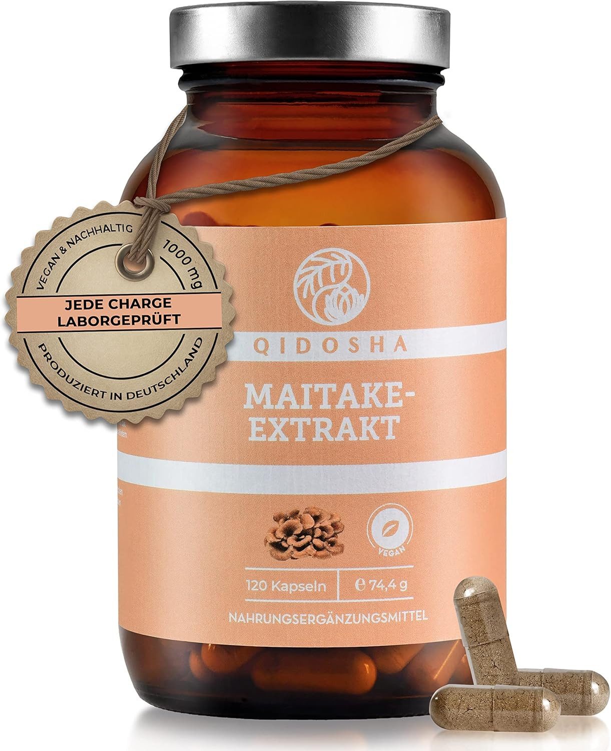 QIDOSHA Maitake-Extrakt Kapseln, 20:1 Extrakt hochdosiert, 120 Kapseln im Apotheker-Glas, 1000 mg Maitake Dual-Extrakt je Tagesportion, Premium Maitake Pilz Kapseln, Klapperschwamm, vegan, deutsche Fertigung à 120 St., 74.4 g