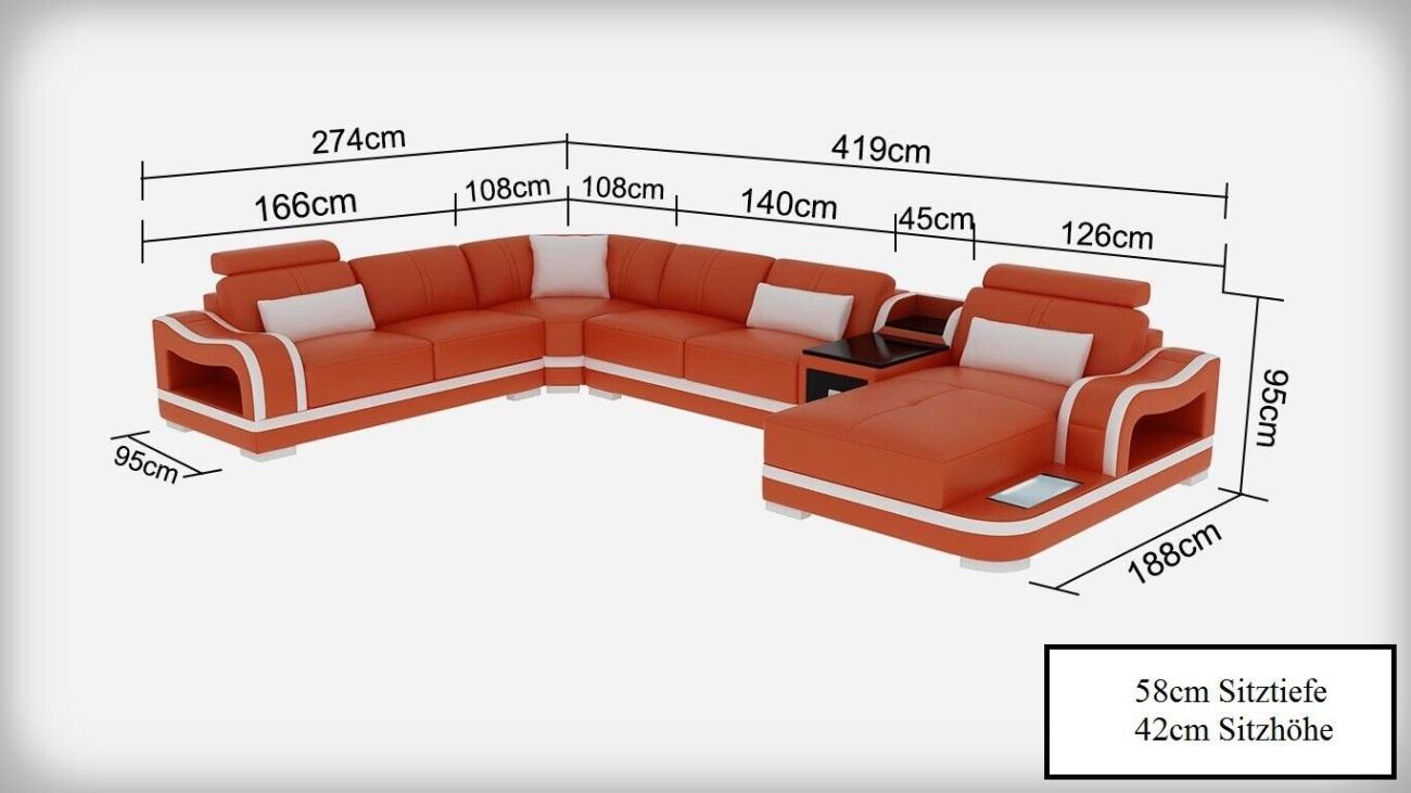 Sofa Form Ledersofa Garnitur Couch Ecke U Modern USB Wohnlandschaft JVmoebel Orange Ecksofa