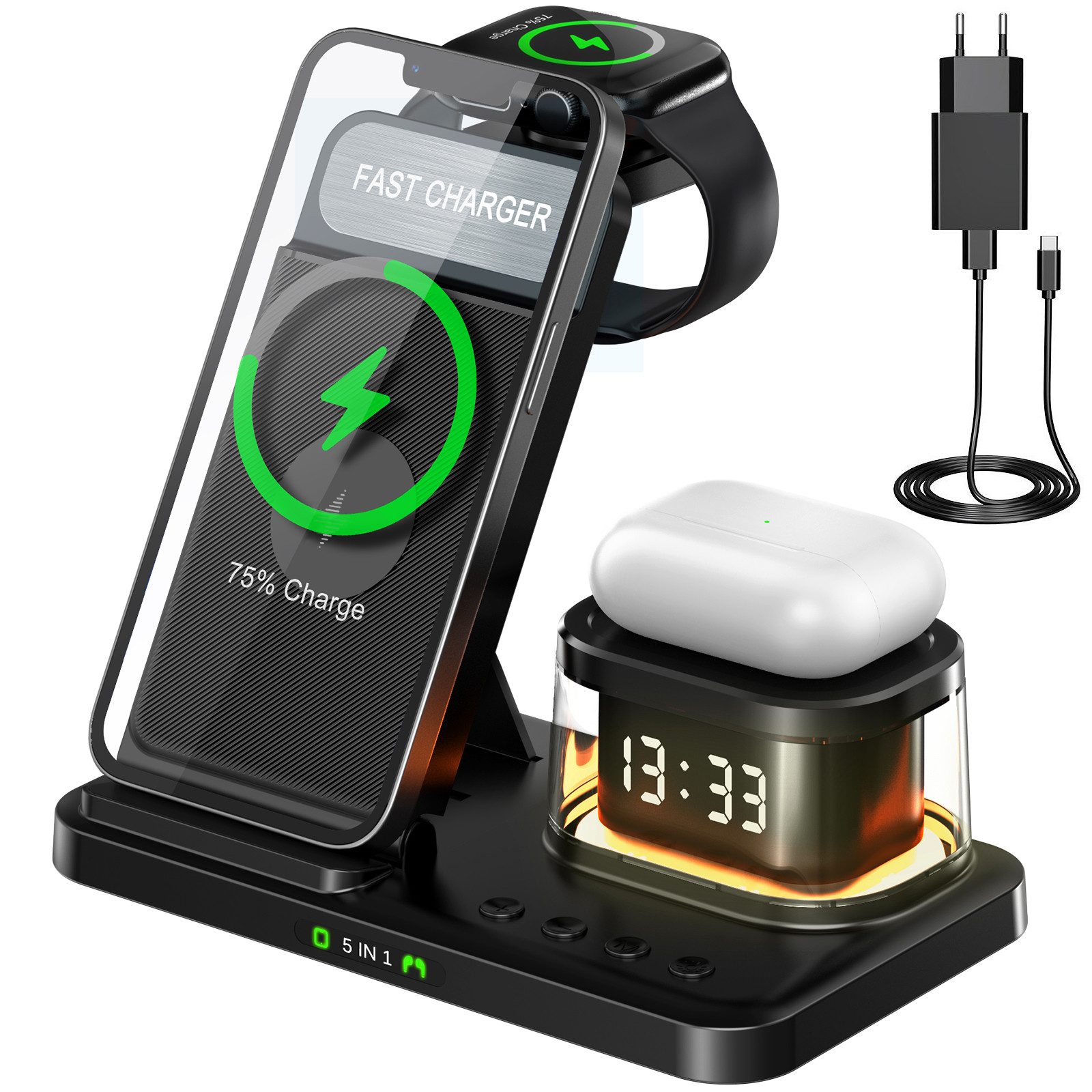 Comfy Mate Kabelloses Ladestation 5 in 1 Induktive Ladegerät Kabelloses Induktions-Ladegerät (Wireless Charger Handy Charging Station mit USB Kabel)