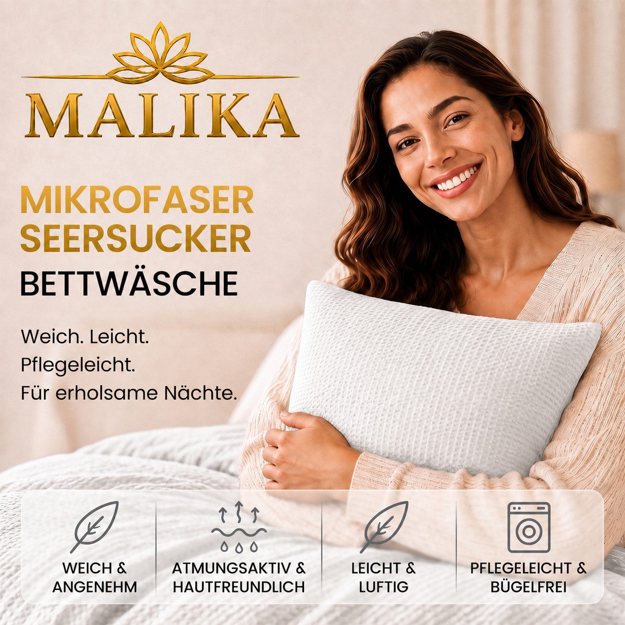 Malika Bettwäsche aus 100 % Mikrofaser, 155x220 + 80x80 cm, Seersucker, Weiß, Seersucker, 2 teilig, Für Allergiker geeignet, pflegeleicht, angenehm weicher Stoff