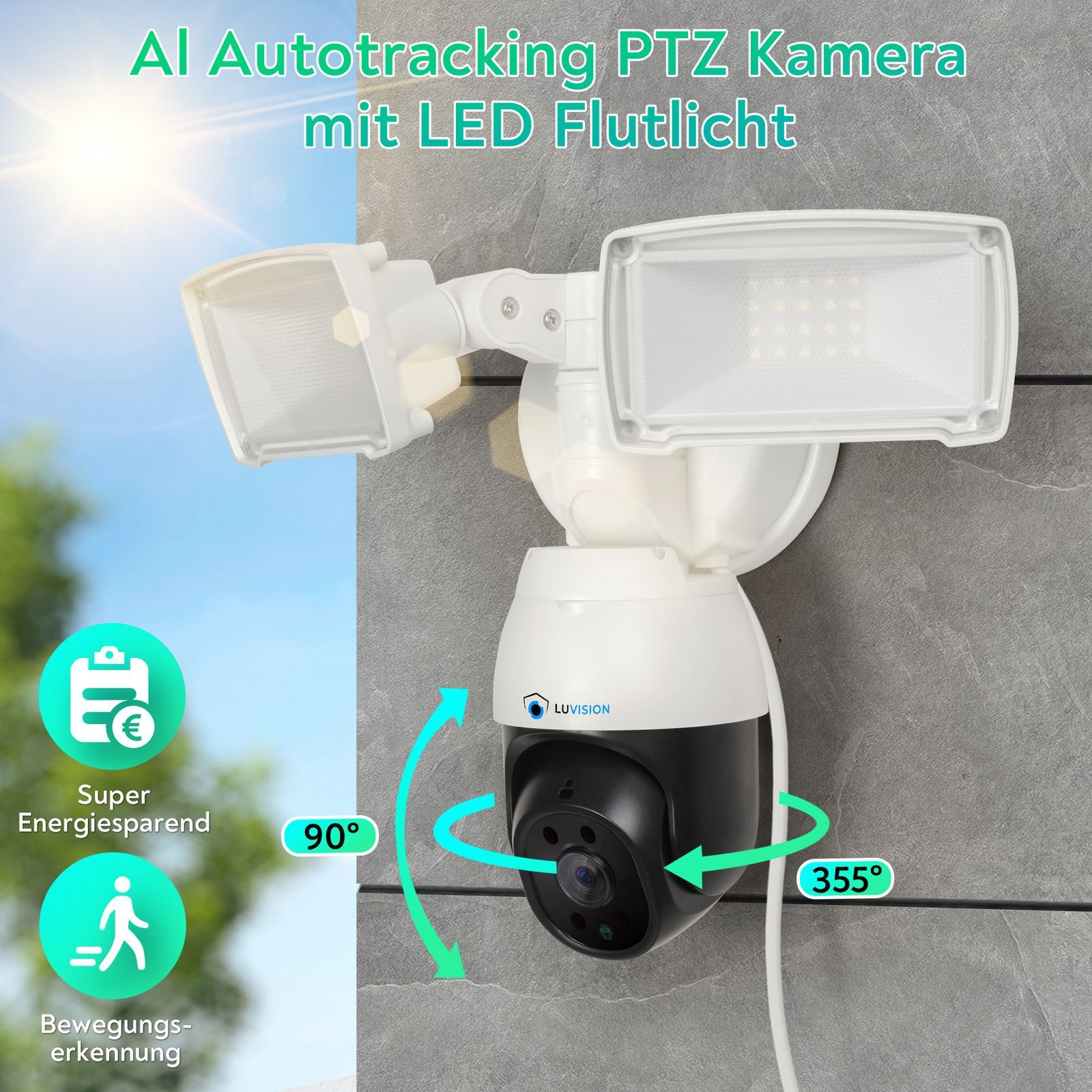 LUVISION Überwachungskamera LV-G-2040 (Außen- und Innenbereich, Flutlicht Lampe Kamera PTZ WLAN Überwachungskamera Bewegungsverfolgung, LED Leuchte, PTZ, AI Autotracking, Bewegungsmelder, Außenleuchte)