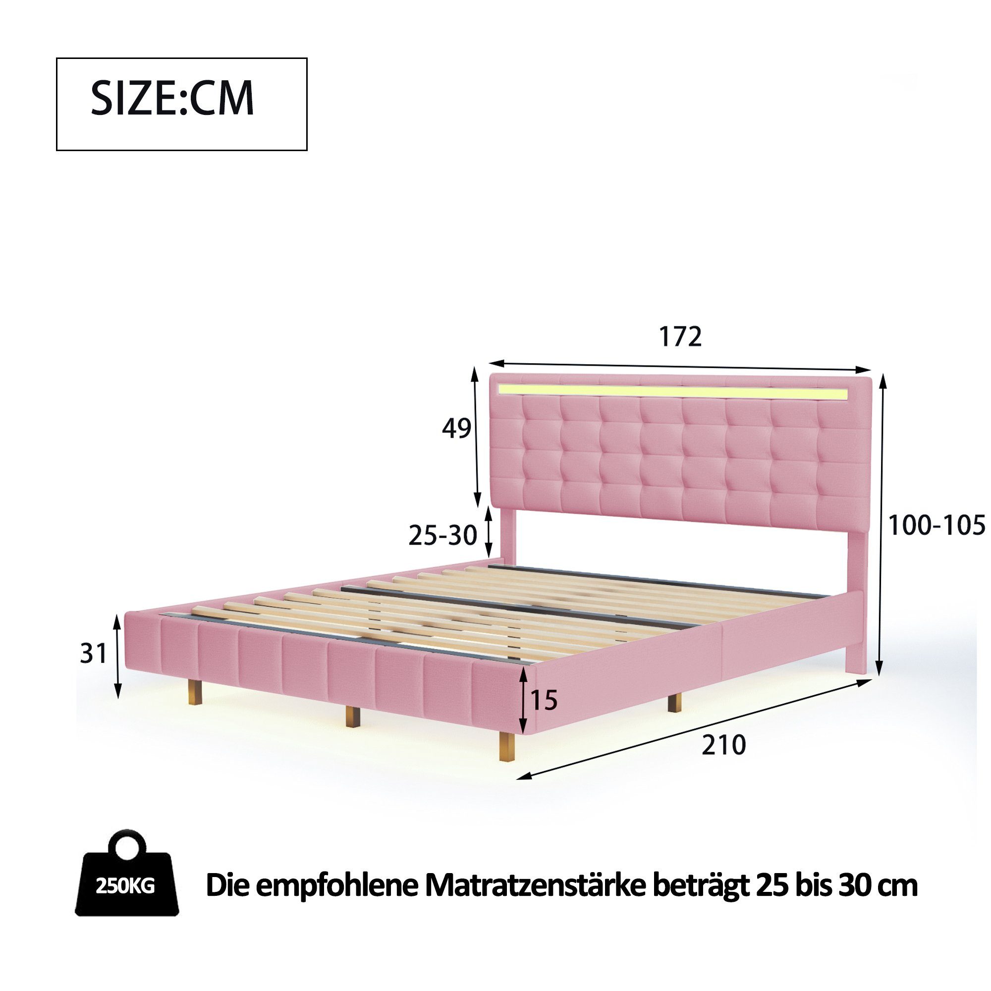 Polsterbett (LED Doppelbett), mit USB Ladefunktion und höhenverstellbarem Kopfteil 160x200cm, Leinen