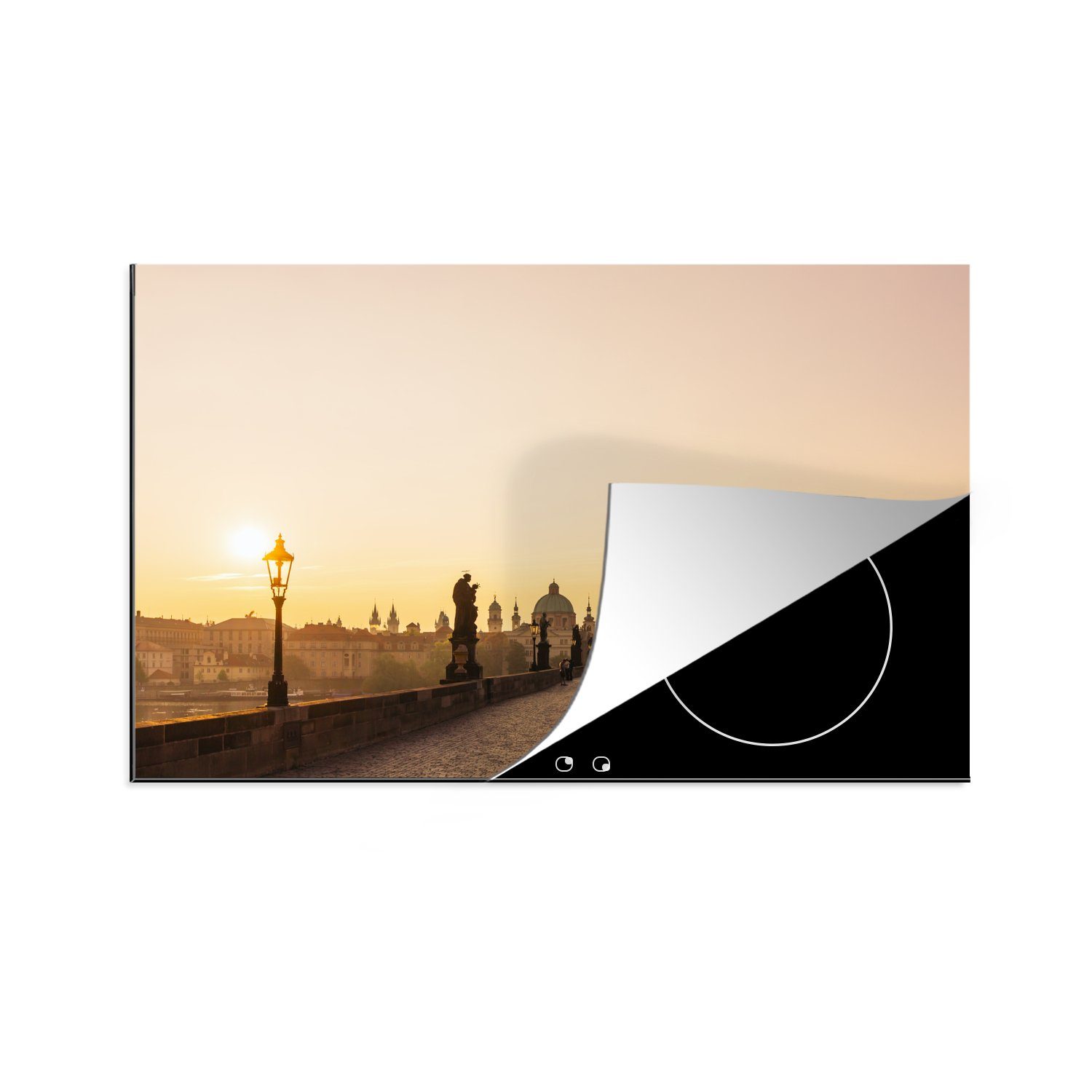 MuchoWow Herdblende-/Abdeckplatte Sonnenaufgang auf der Karlsbrücke in Prag, Vinyl, (1 tlg), 81x52 cm, Induktionskochfeld Schutz für die küche, Ceranfeldabdeckung