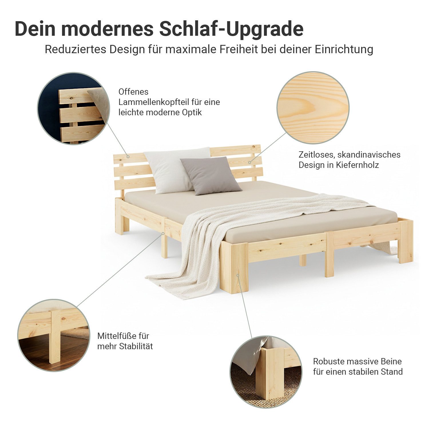 Homestyle4u Massivholzbett 90x200 120x200 140x200 160x200 180x200 Doppelbett Kopfteil Lattenrost (Set, mit Lattenrost, Braun), 140x200, modern, stabil