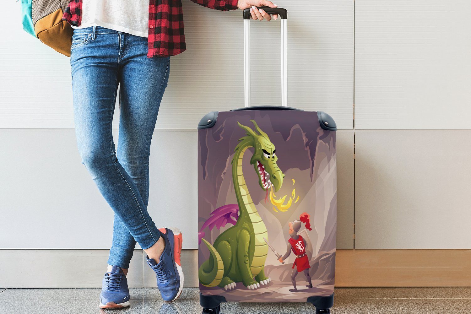 4 für mit Reisetasche Trolley, für eines Reisekoffer Ritters Kinder, Ferien, Illustration Handgepäckkoffer MuchoWow Rollen, rollen, Handgepäck Drachens und eines