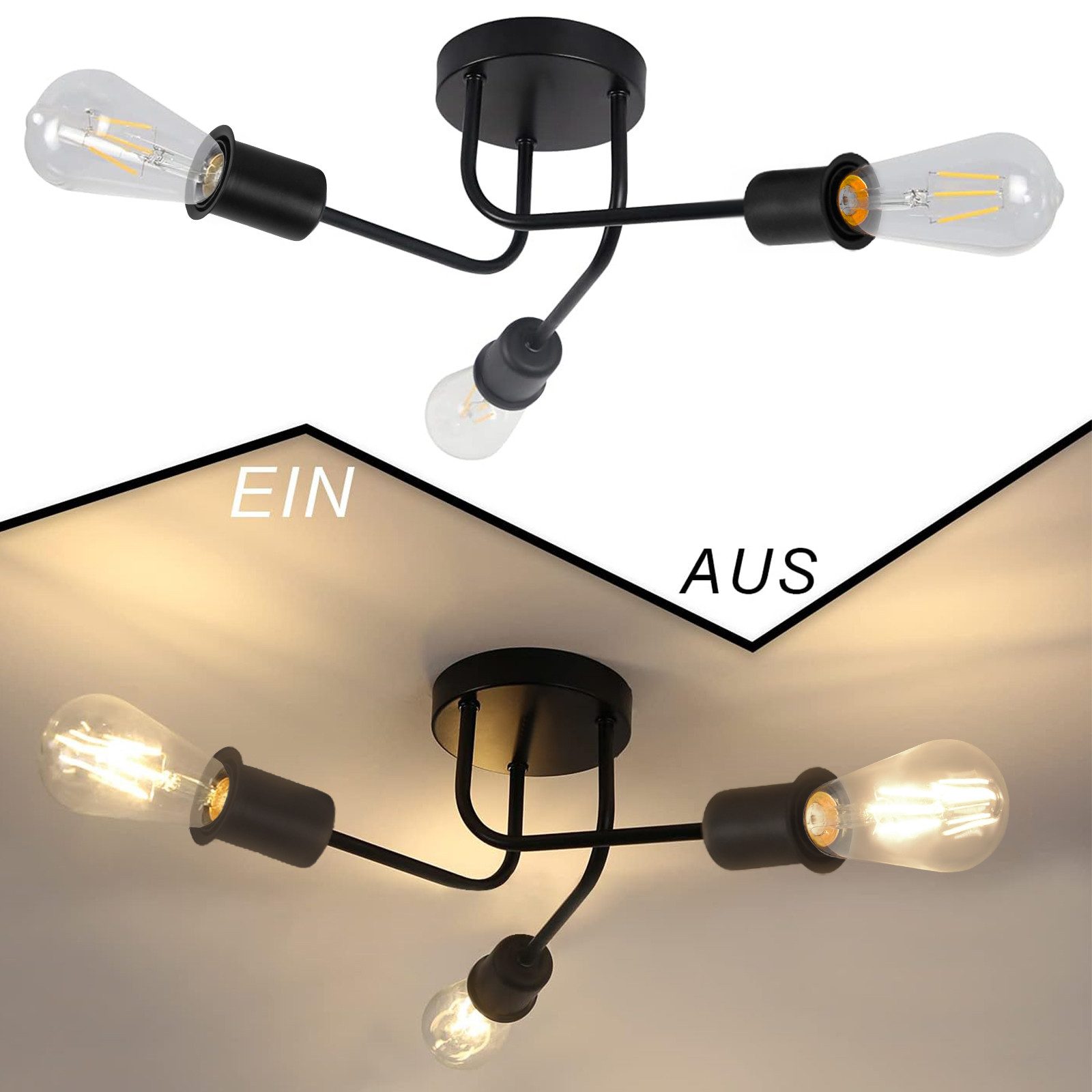 Nettlife Deckenleuchte Vintage Schwarz 3/4 Flammig E27 Rustikaler Wonhzimmerlampe, LED wechselbar, Industrie Deckenlampe für Wohnzimmer Schlafzimmer Küche