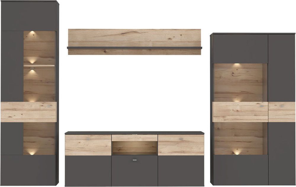 FORTE Wohnwand Como, (4-St., 2x Vitrinen, 1x Lowboard, 1x Wandregal), Korpus und Front matt