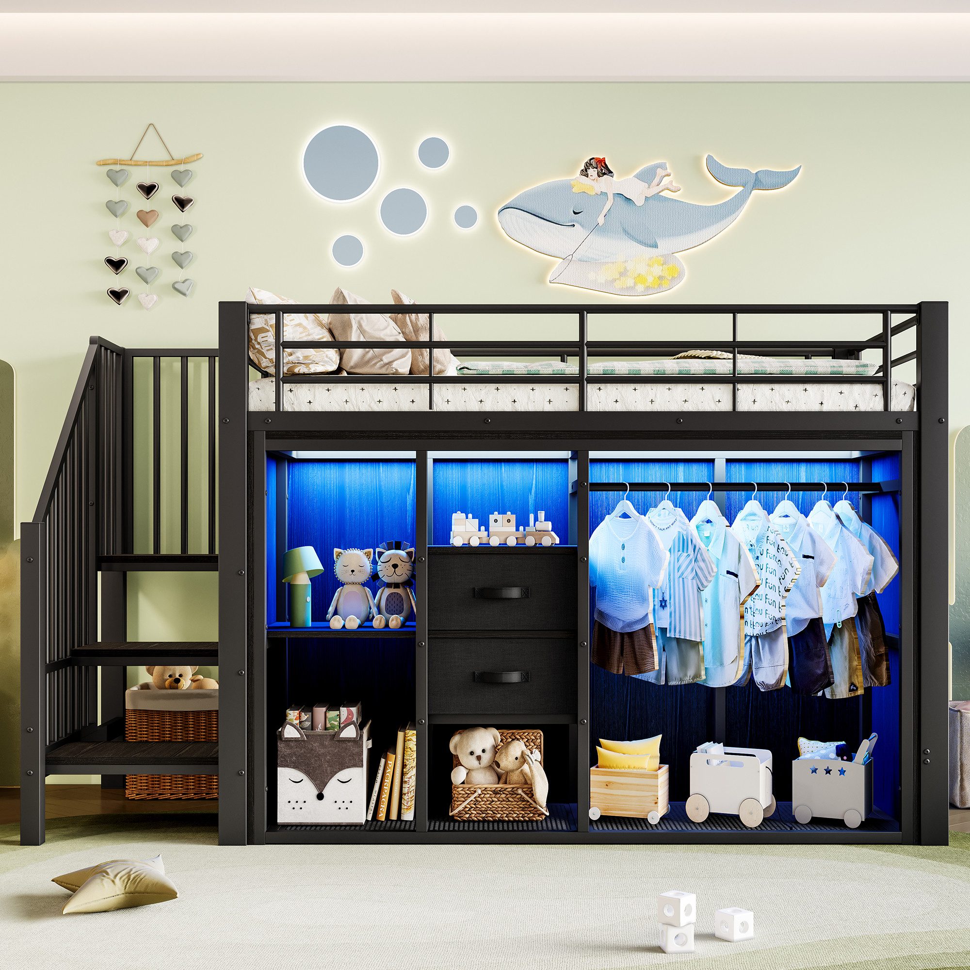 SOFTWEARY Hochbett mit Kleiderschrank und RGB LED-Streifen (90x200 cm, mit Lattenrost, Treppe, Regal, Schubladen und Kleiderstange) Kinderbett mit Rausfallschutz, Metallbett