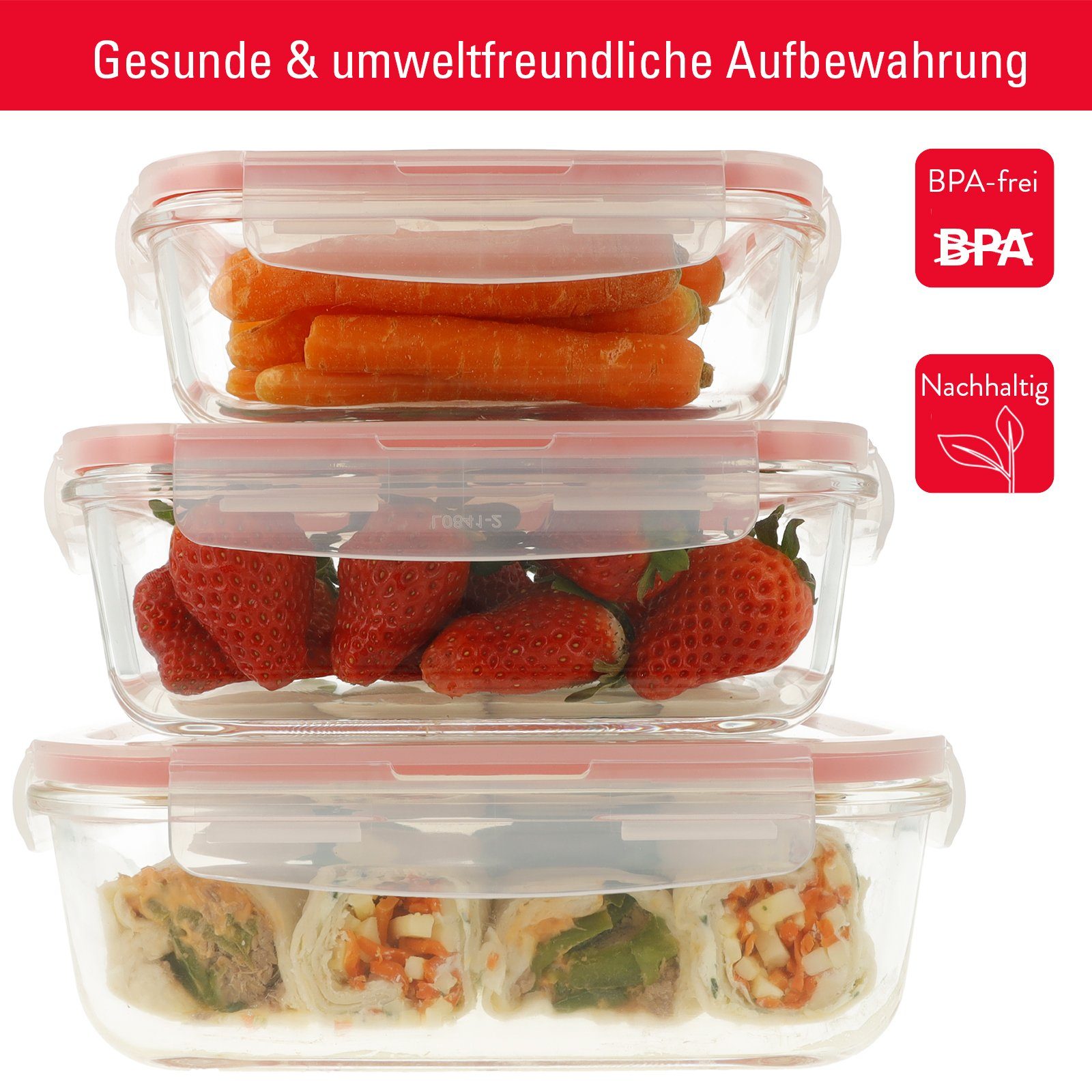 CLAUSS Vorratsglas Glas-Klickboxen 3er-Set BPA-frei Frischhaltedose Mikrowelle Backofen, (Set, 3-tlg., Glasbehälter in 3 Größen) – Bild 3 von 5