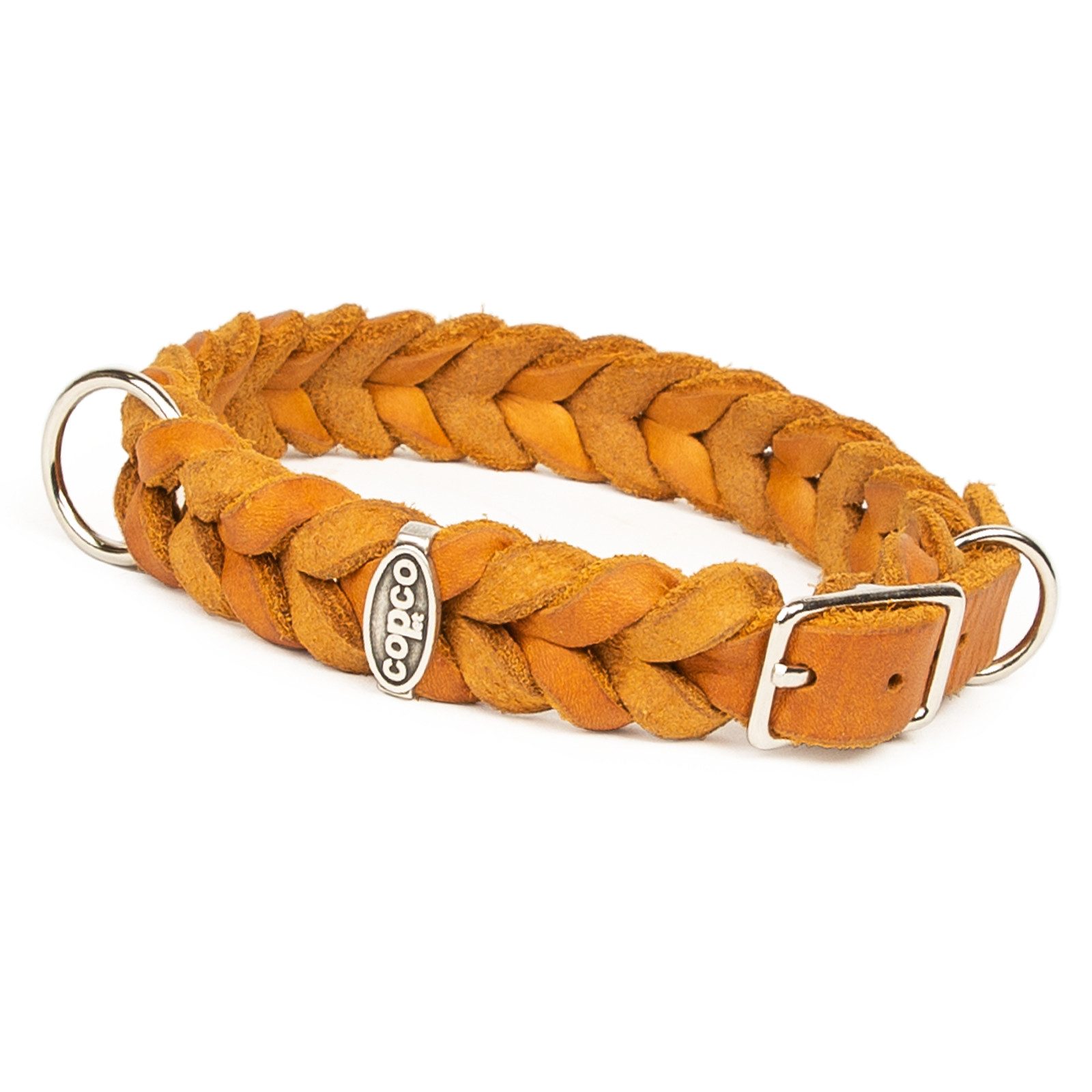 CopcoPet Hunde-Halsband Fettlederhalsband mit Dornschließe verchromt und Messing, Verchromt, Leder, Geflochten, Handarbeit