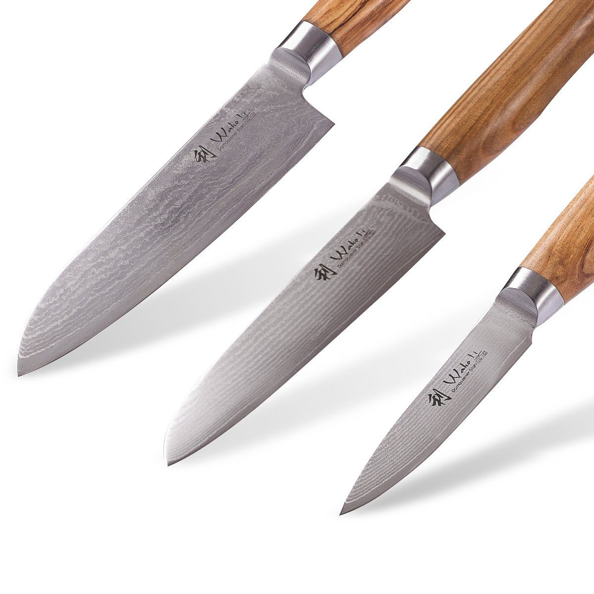 3er Messer-Set Wakoli Wakoli Damastmesser-Set 17,00cm Holzb - von Klingen 8,50 mit Olive