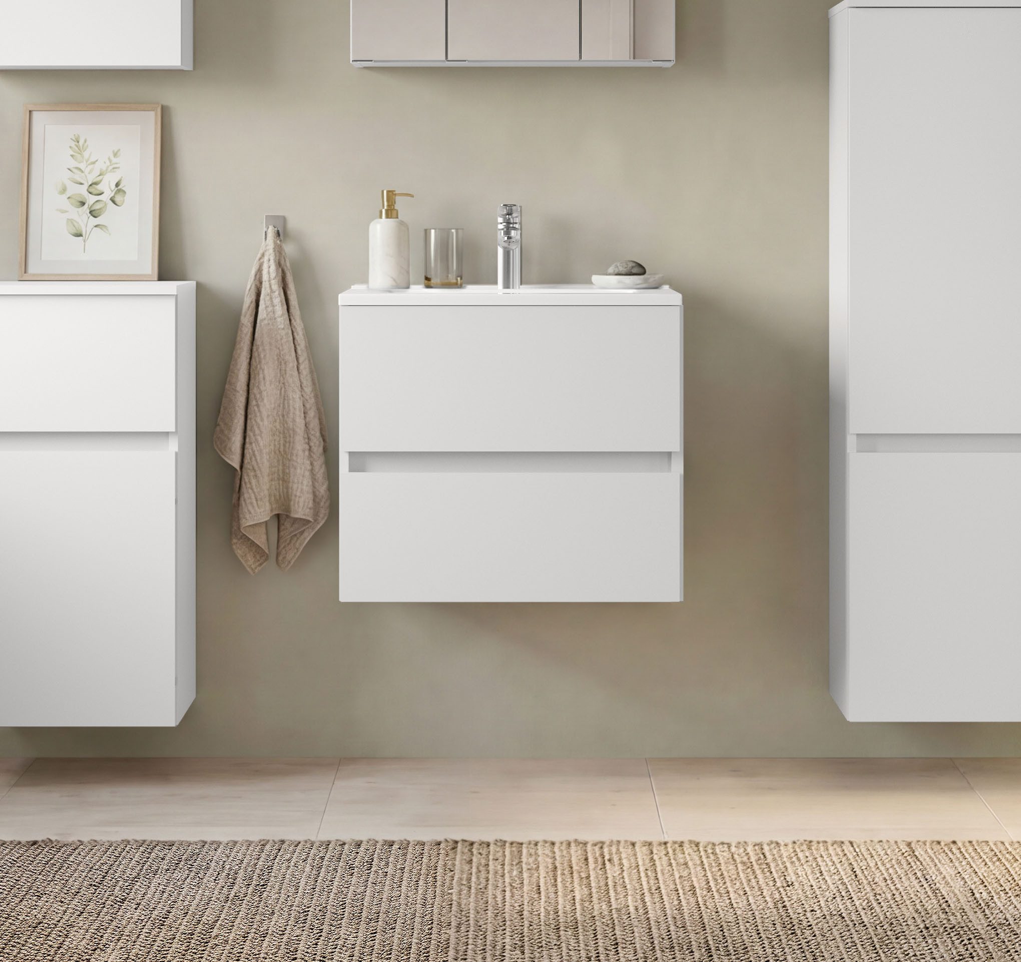 OTTO home Waschtisch BOZEN, 2 Auszüge inklusive Becken und Montagematerial (Badezimmerschrank, grifflos, einfache Montage, Bad-Einrichtung), Maße (B/H/T): ca. 60/52/45 cm, Badmöbel, Waschtisch, Stauraum, modern
