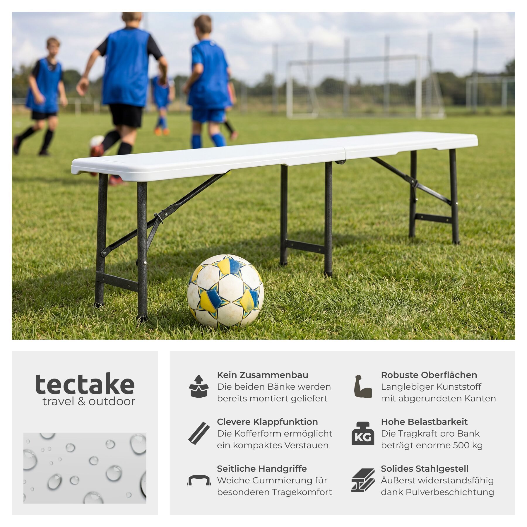 tectake Campingstuhl 2er Set Campingklappbank für bis zu 8 Personen, je 500 kg belastbar (Klappbank Panja, 2 St), wetterfest, robuster Kunststoff, gummierte Tragegriffe