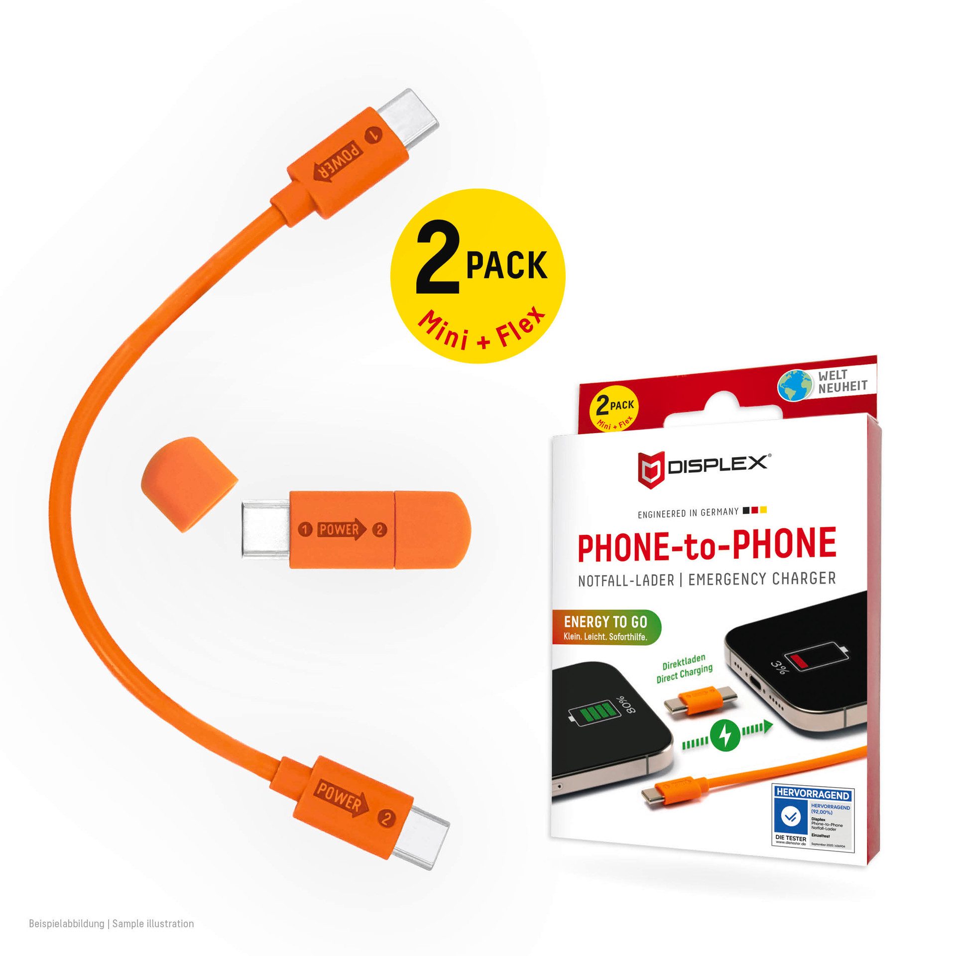 Displex Phone-to-Phone Notfall-Lader USB-Kabel, USB-C, (15 cm), 1x Mini Notfall-Lader (3,5cm) 1x Flex Notfall-Ladekabel (15cm)