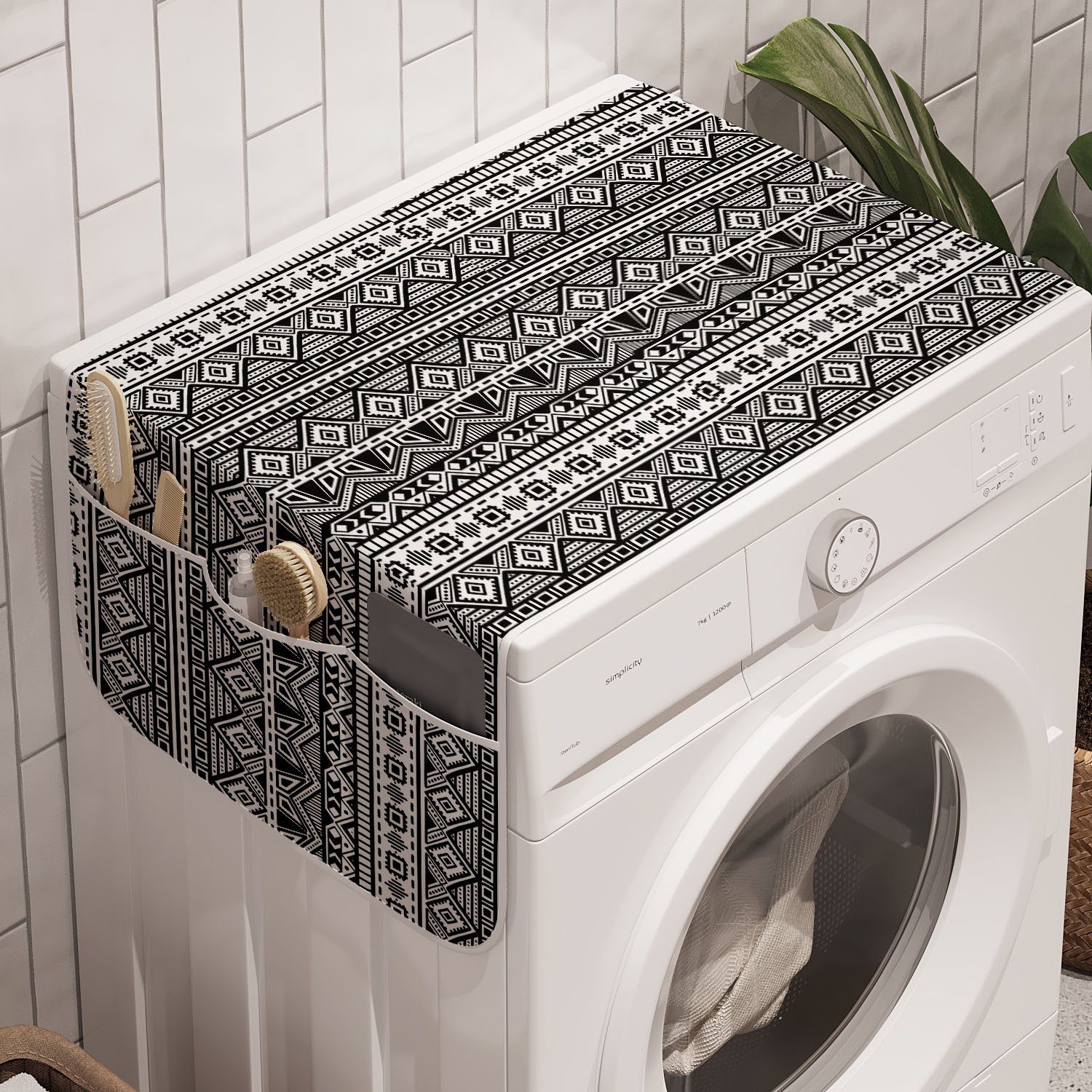 Anti-Rutsch-Stoffabdeckung und Geometrisch Badorganizer Waschmaschine Formen Zigzags Monotone für Abakuhaus Trockner,