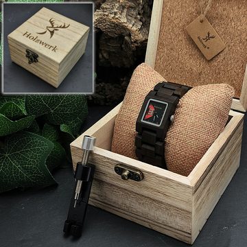 Holzwerk Quarzuhr ELDINGEN Damen Holz Uhr, Eckiges Design, braun, schwarz & rot