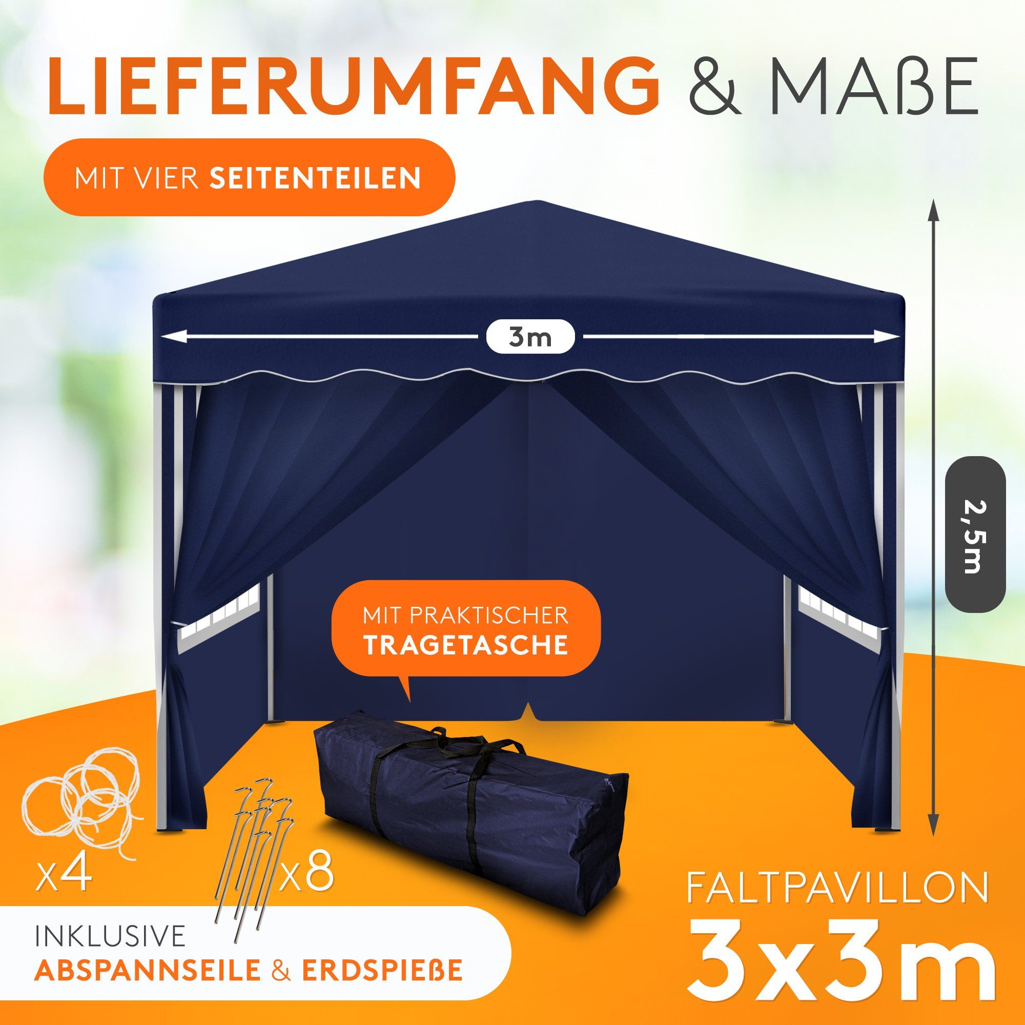 Thumbnail - Kronenburg Faltpavillon 3x3 m wasserdicht - Gartenpavillon, Partyzelt stabil, UV-Schutz 50+, mit 4 Seitenteilen, Wetterf...