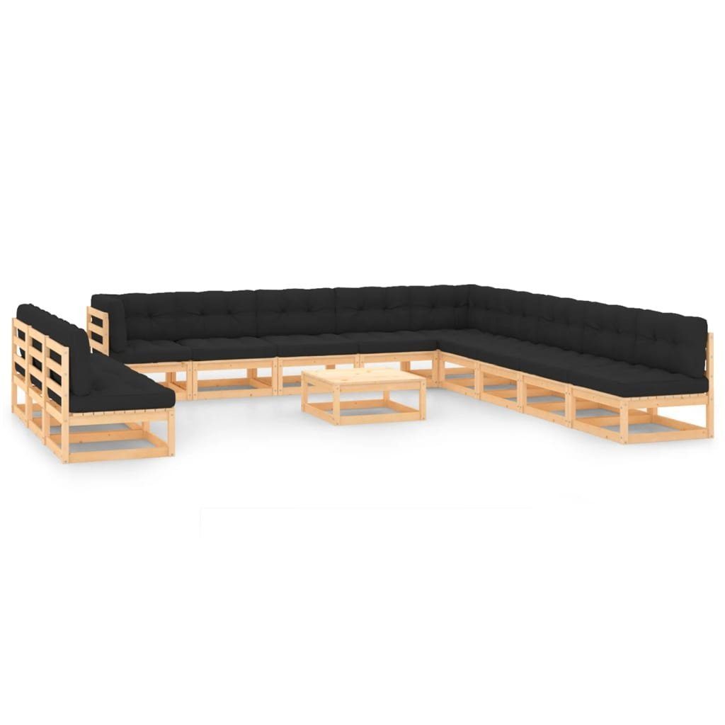 vidaXL Gartenlounge-Set 13-tlg. Garten-Lounge-Set mit Kissen Massivholz Kiefer, (1-tlg) Natur und Schwarz