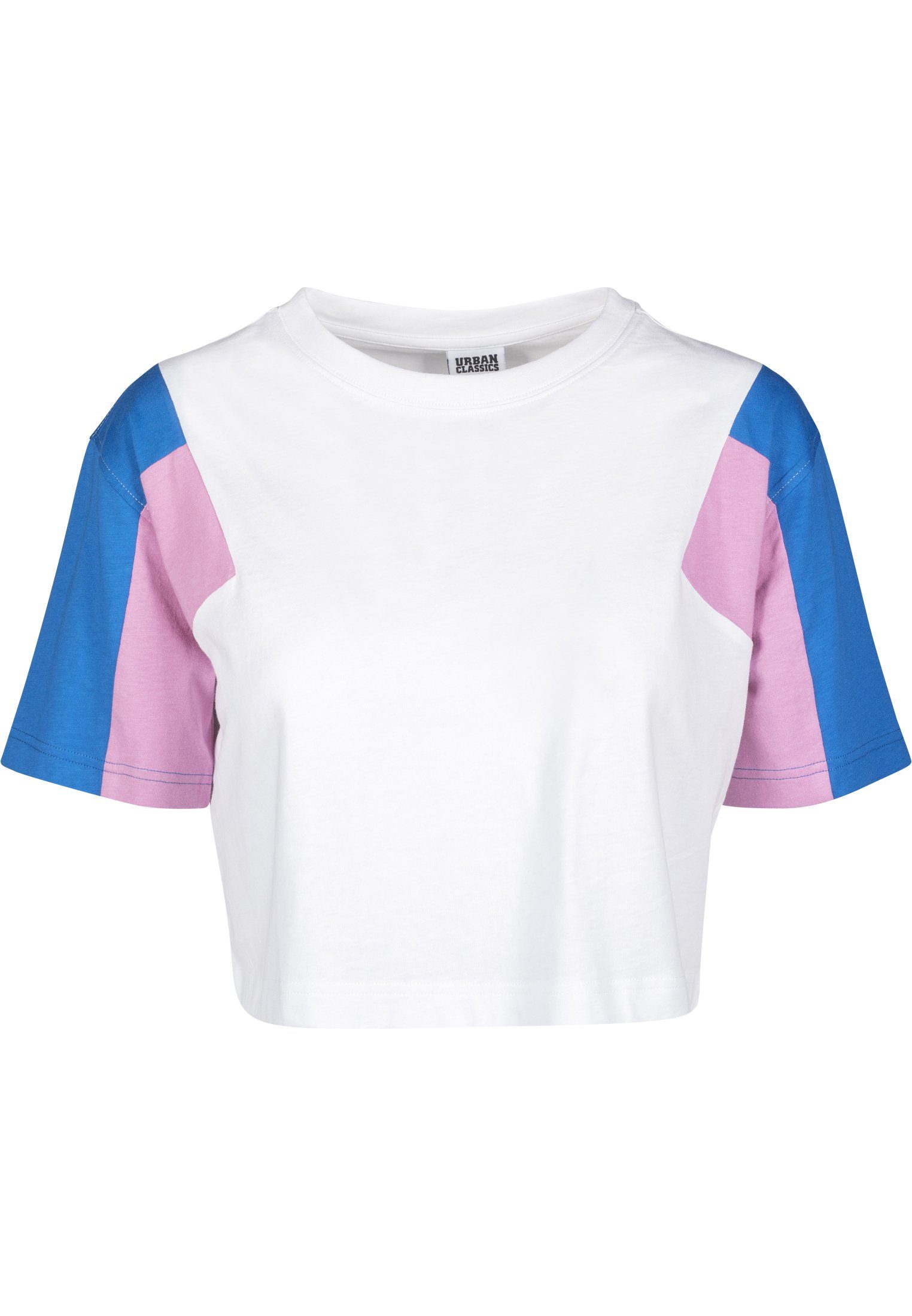 URBAN CLASSICS Ladies Short 3-Tone T-Shirt (1-tlg) Tee Damen Oversize white/brightblue/coolpink